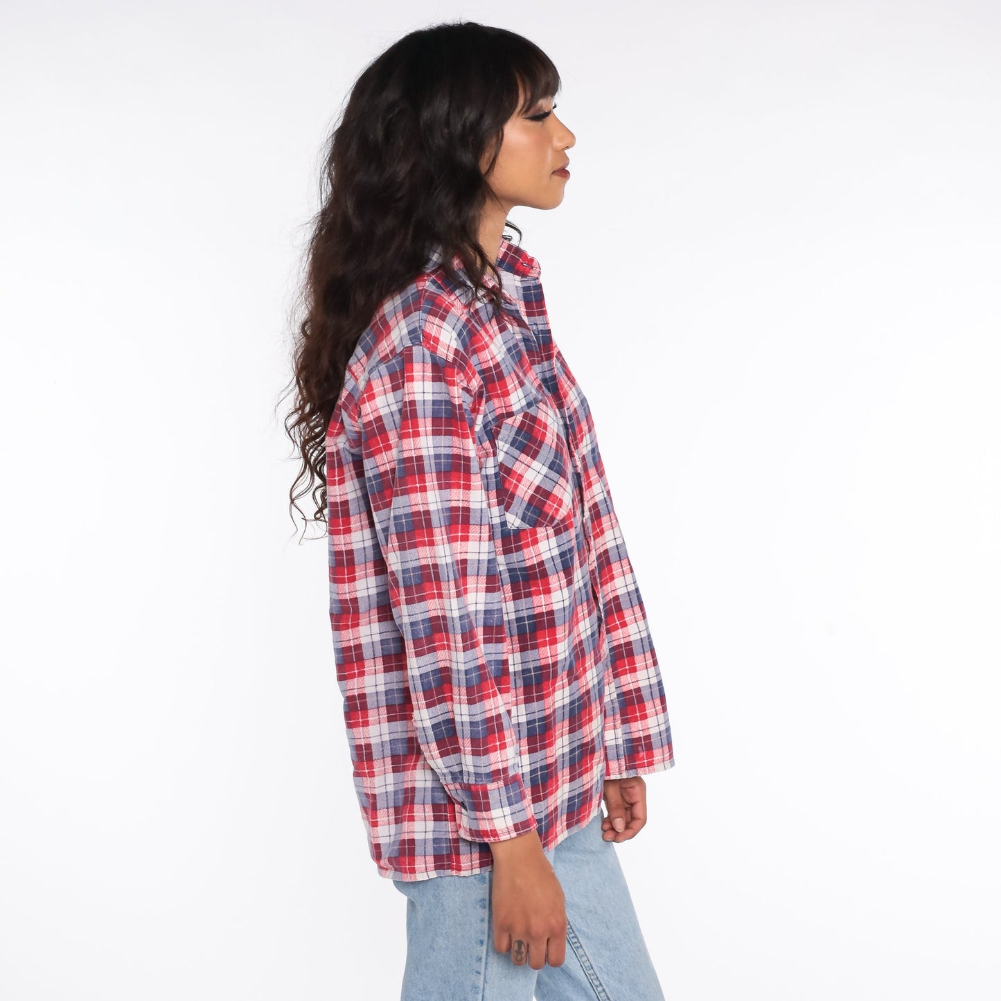 90s Red Blue Plaid Flannel Shirt Cotton Button Up Medium
