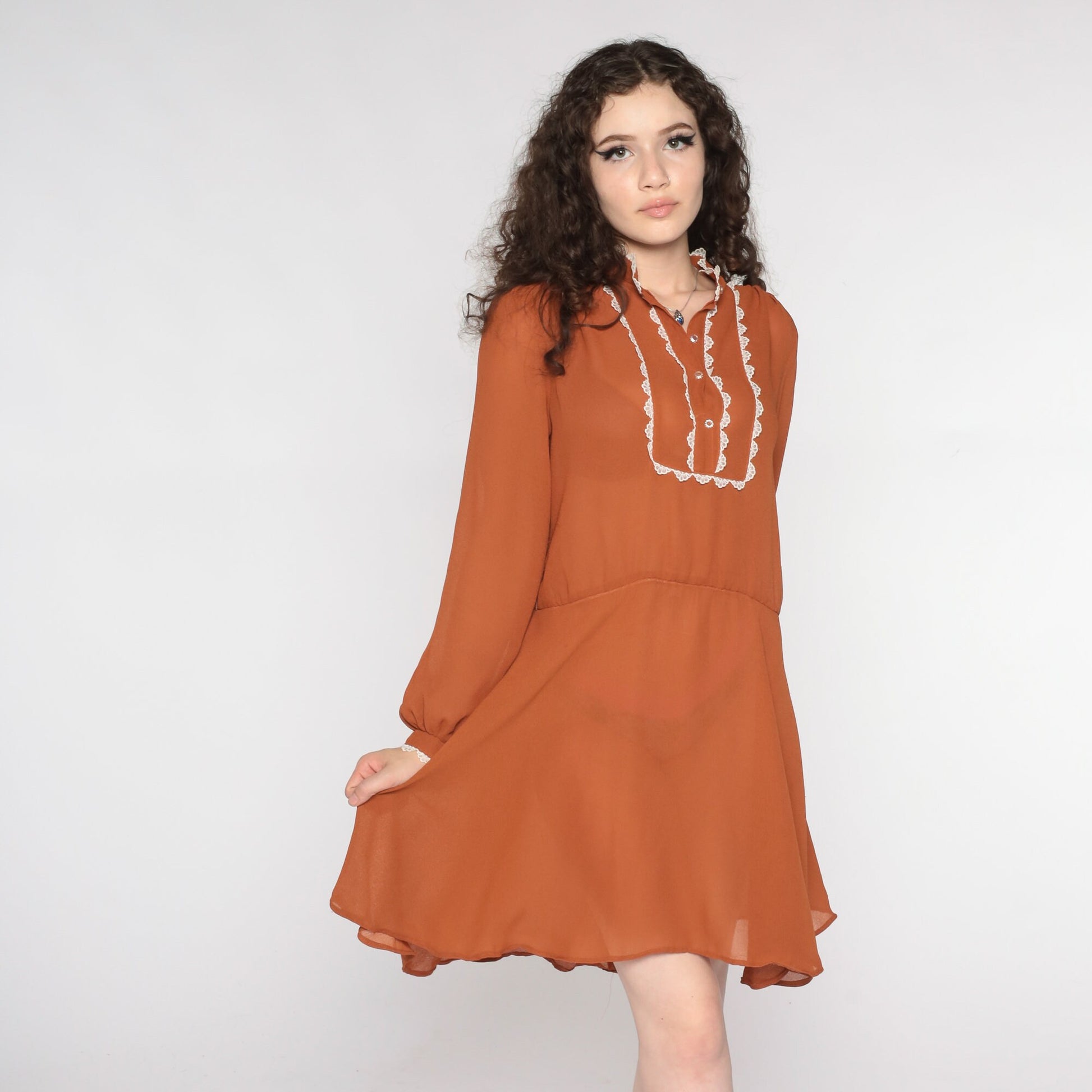 70s Brown Lace Bib Mini Dress Button-Up Long Sleeve Medium