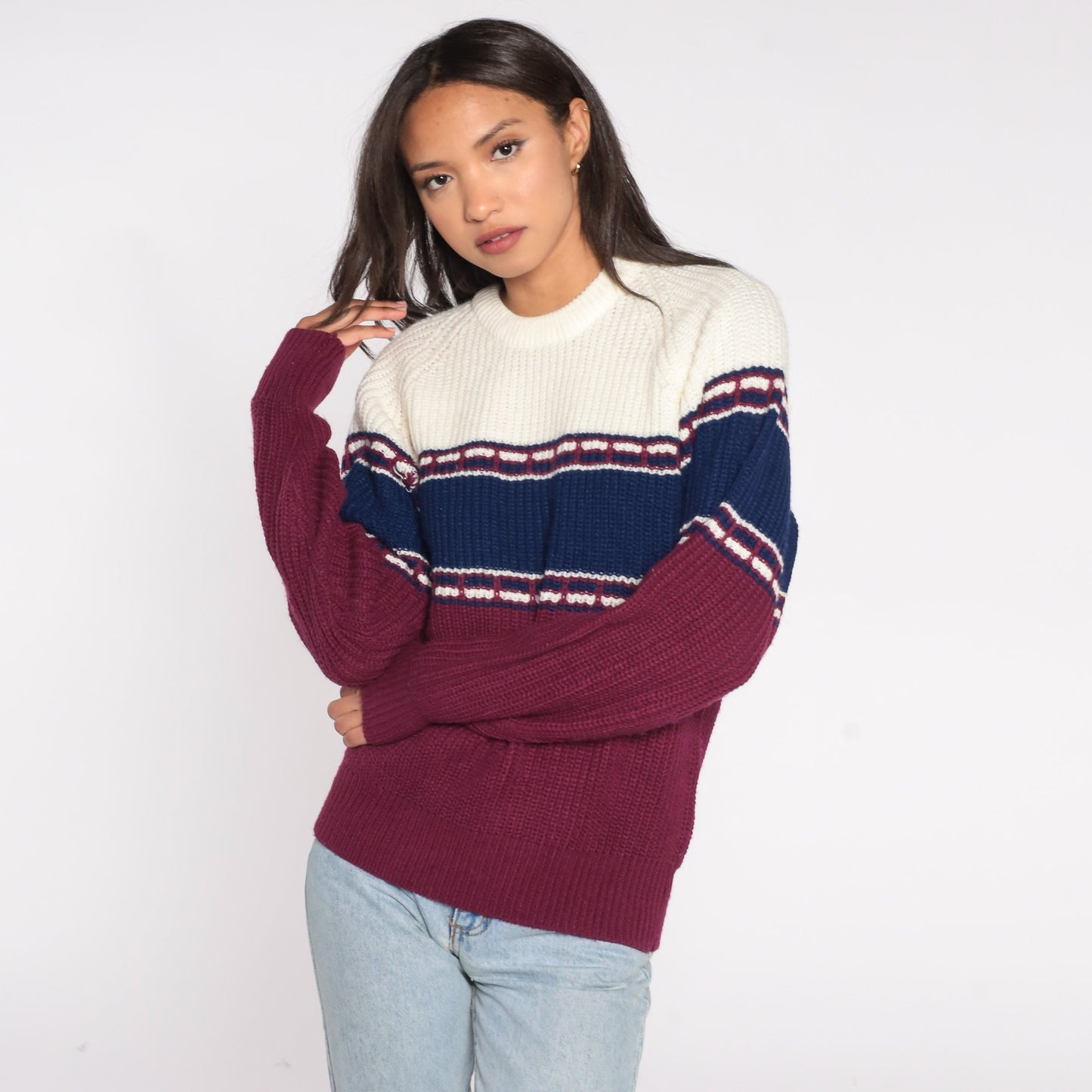 80s St. Johns Bay Colour Block Striped Raglan Sweater Purple Blue White Medium