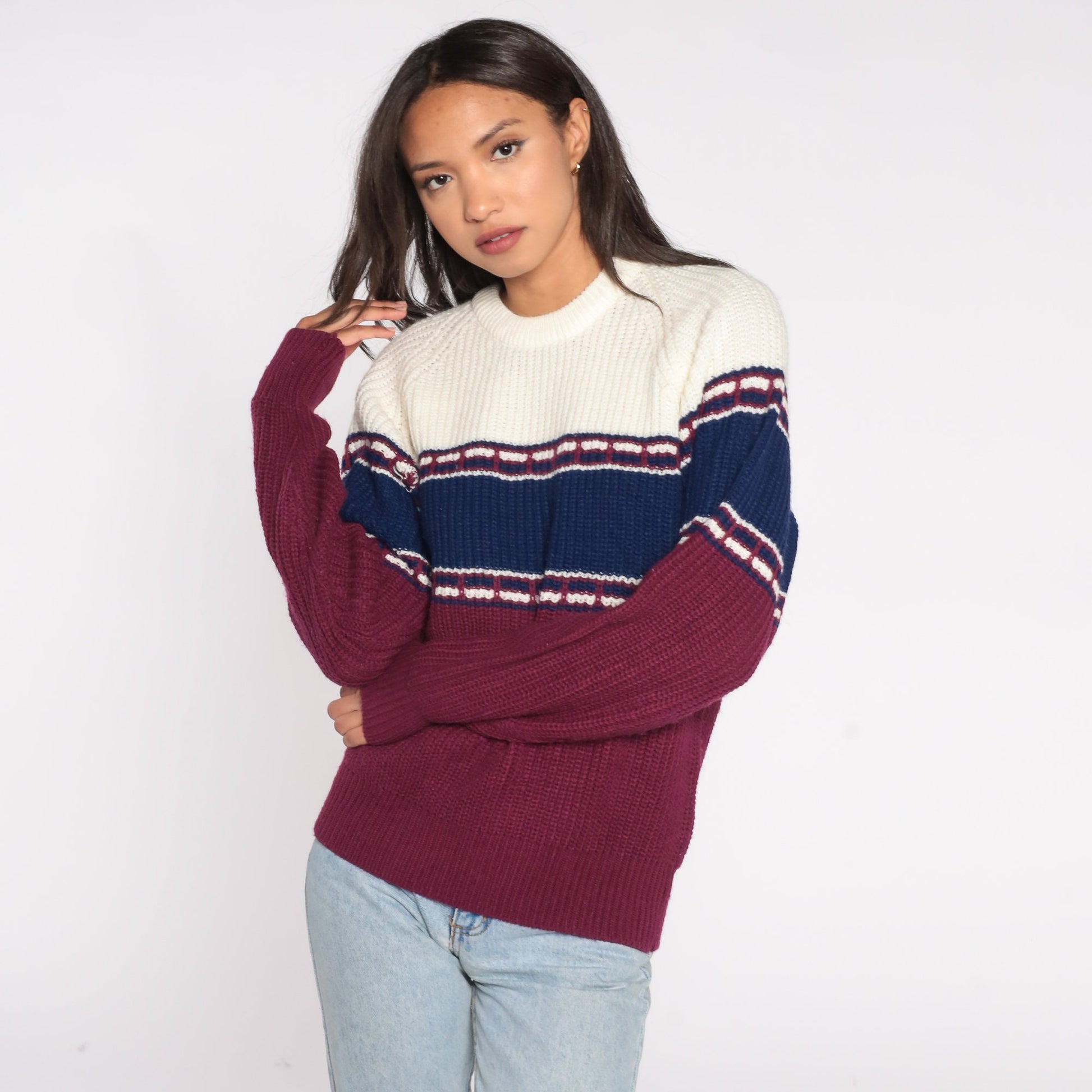 80s St. Johns Bay Colour Block Striped Raglan Sweater Purple Blue White Medium
