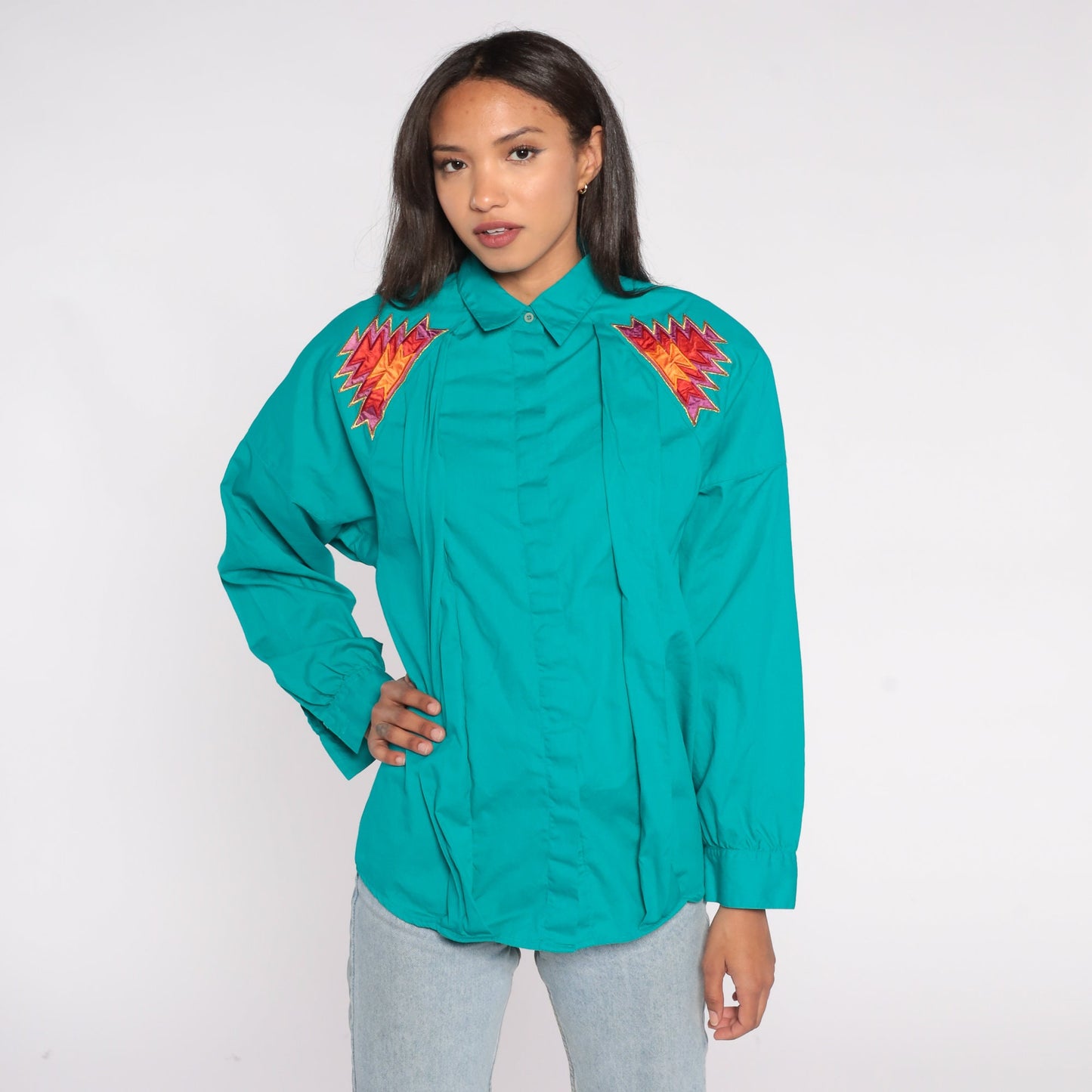 90s Wrangler Southwestern Aztec Geometric Button Up Shirt Turquoise Large L