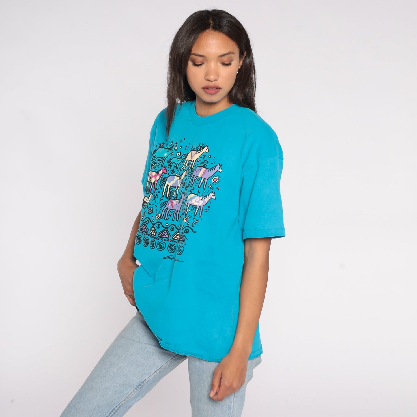 90s Arizona Wild Horse Graphic T-Shirt Blue Southwestern Petroglyph Extra Large