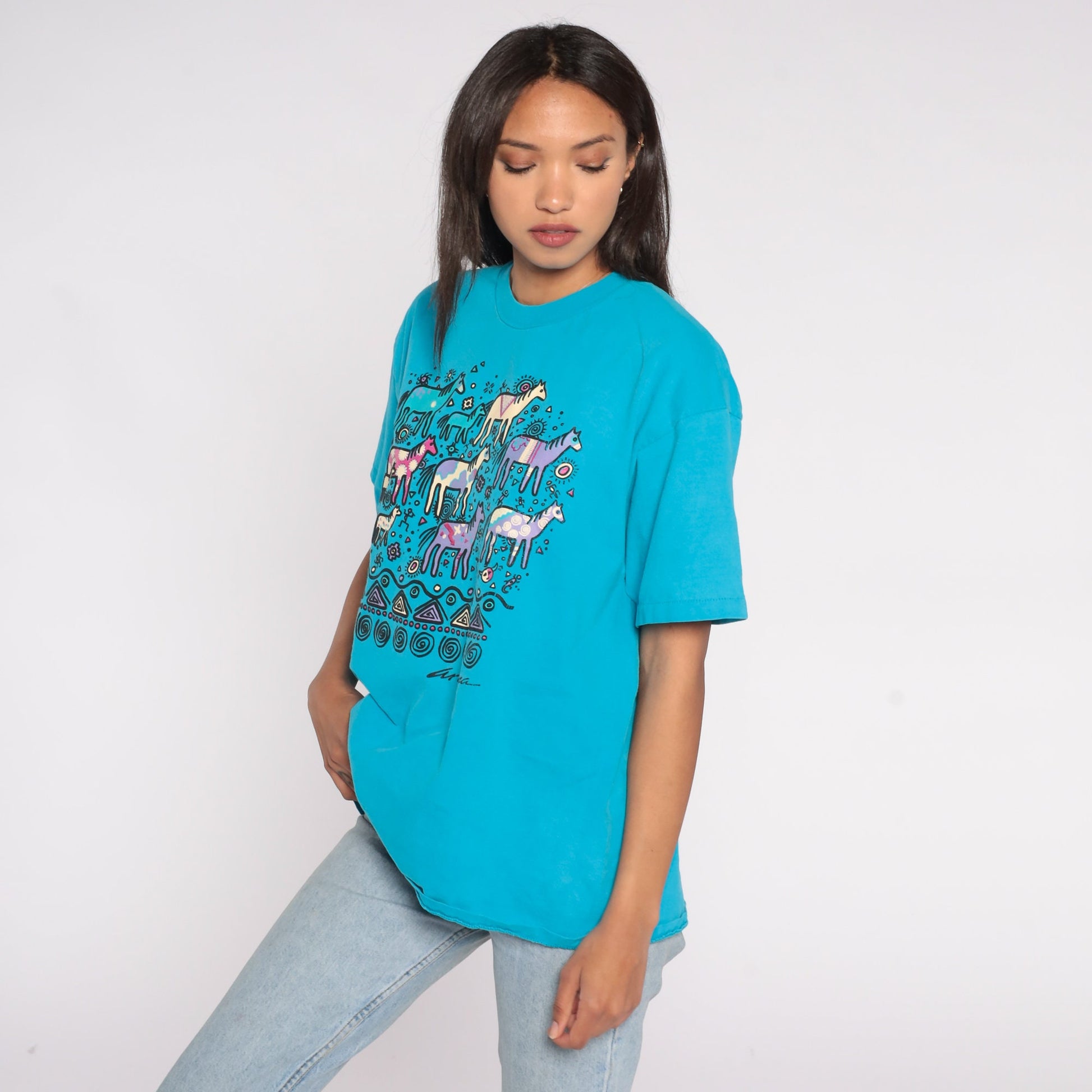 90s Arizona Wild Horse Graphic T-Shirt Blue Southwestern Petroglyph Extra Large