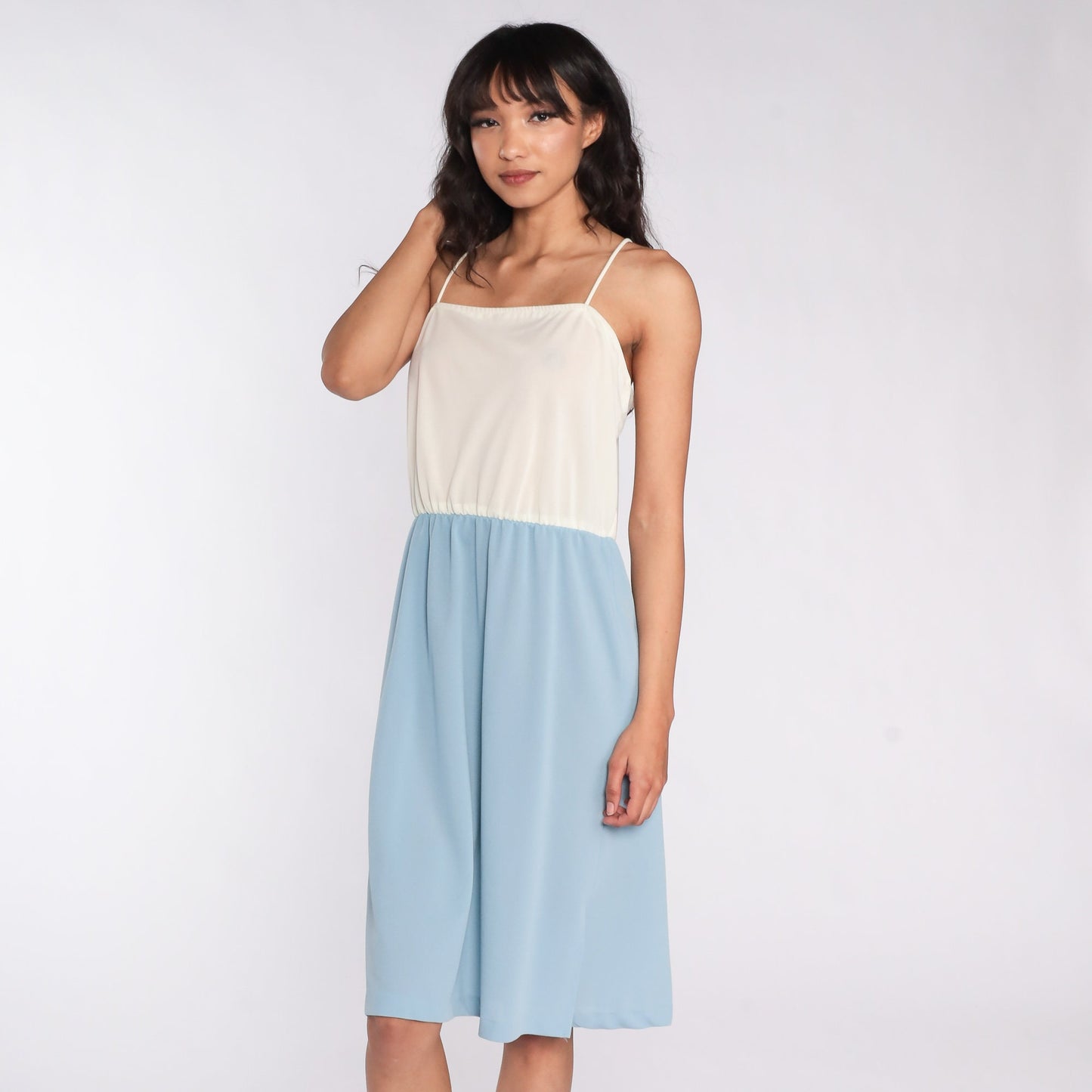 70s Cream Blue Color Block Spaghetti Strap Midi Dress High Waist Medium