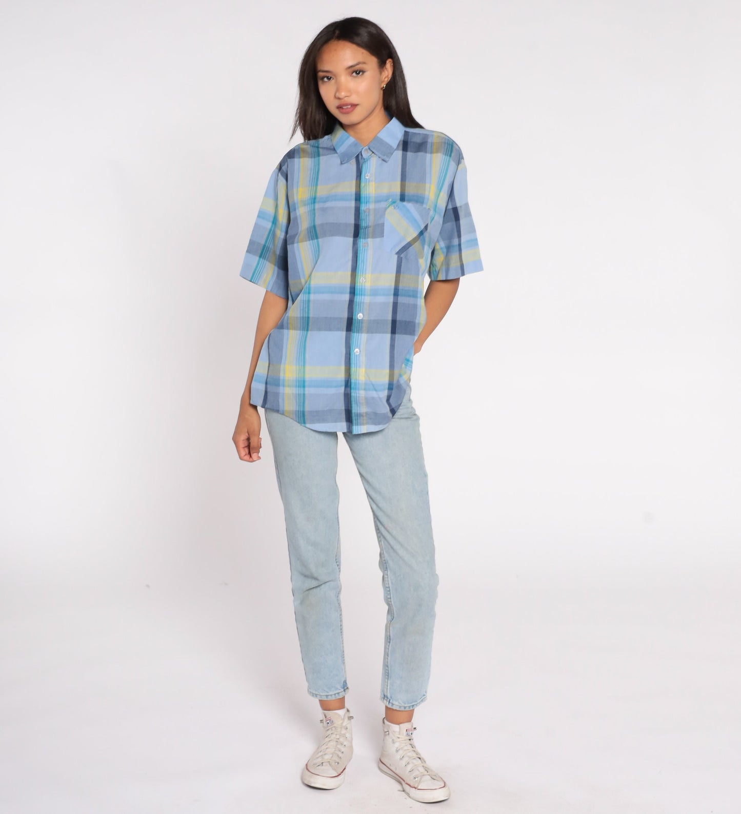 90s Valentino Chemises Blue Plaid Button-Up Shirt Short Sleeve Extra Large XL