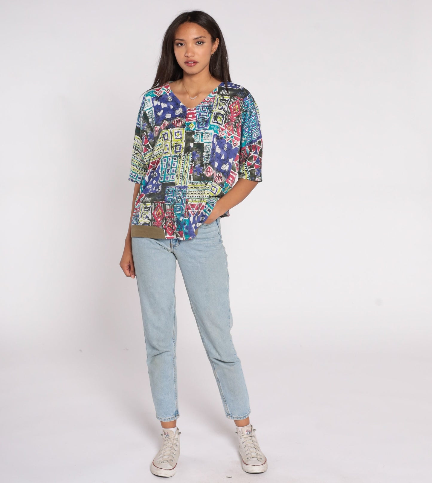 90s Batik Patchwork Geometric V-Neck Blouse Short Sleeve Large