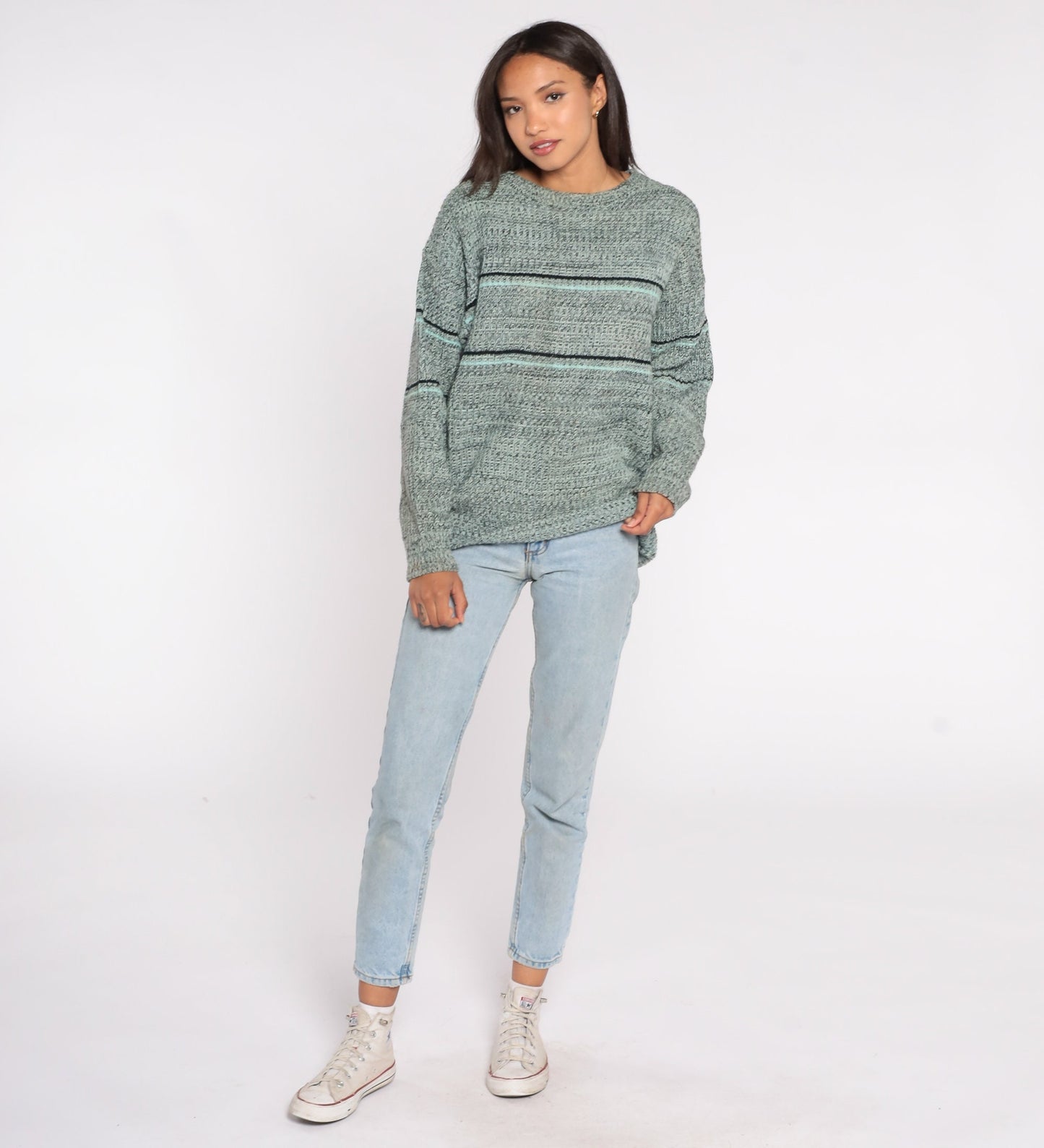 80s Flecked Striped Knit Sweater Navy Aqua Pullover Large L
