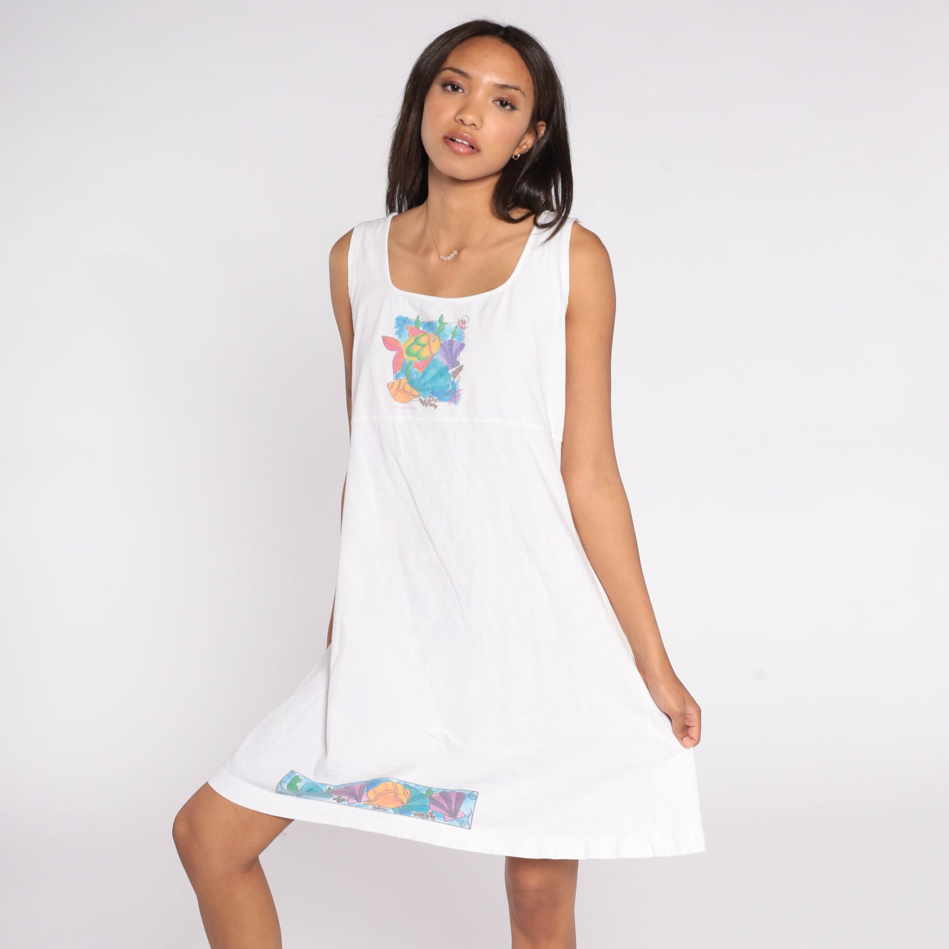 90s Tropical Fish Seashell Tank Dress White Cotton Empire Waist Large