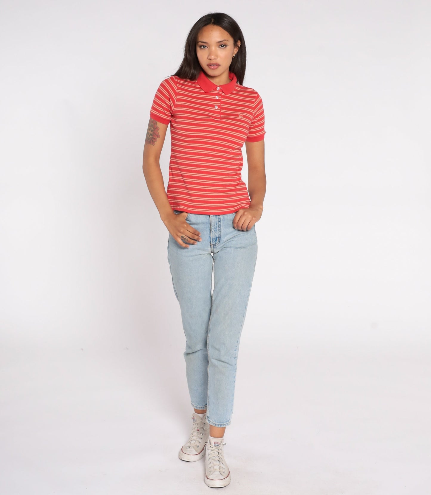 90s Polo Shirt Red Tan Striped Horse Crest Cotton Small S