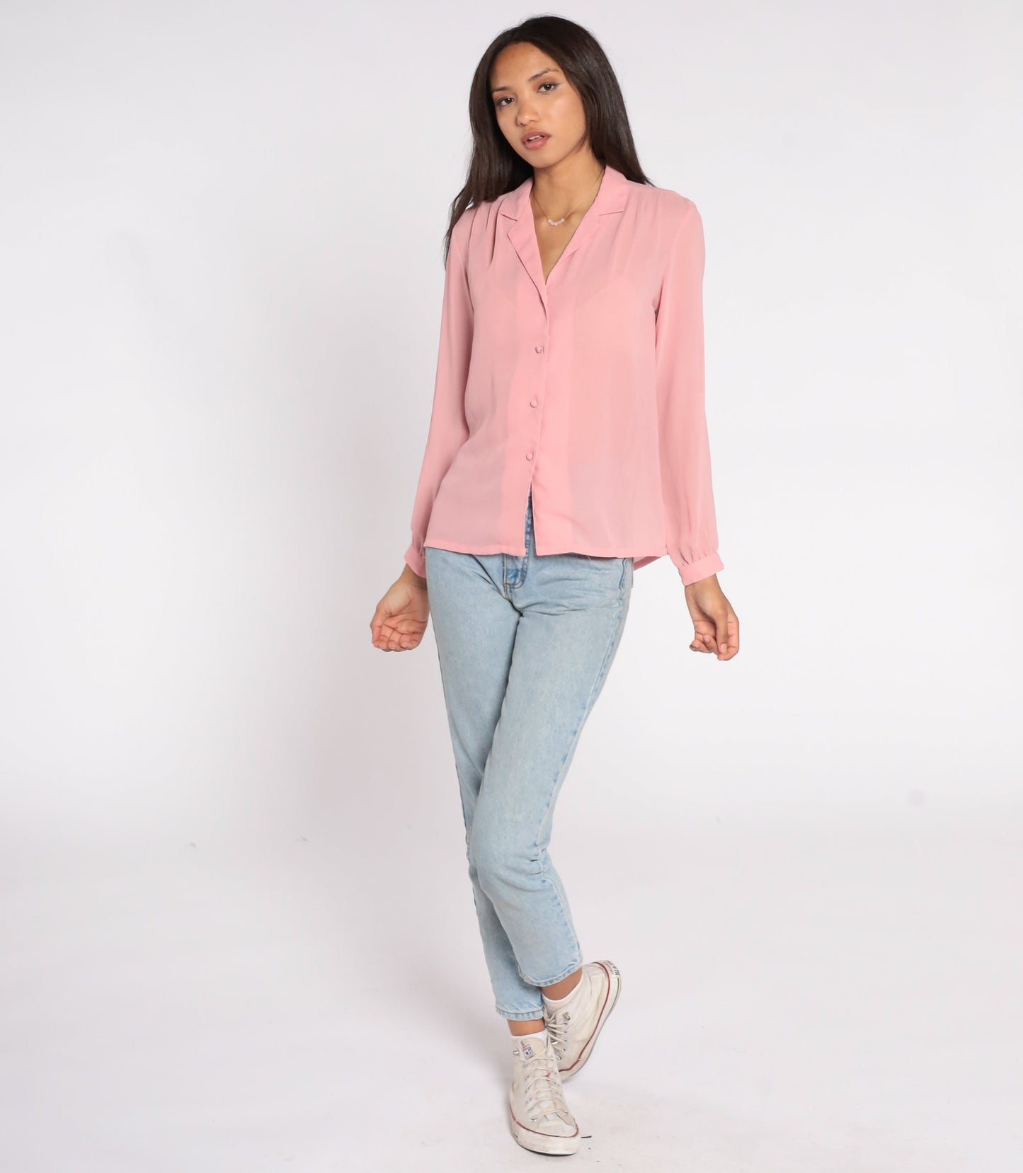 80s Pink Chiffon Blouse Long Sleeve Button Up Sheer Shirt Small