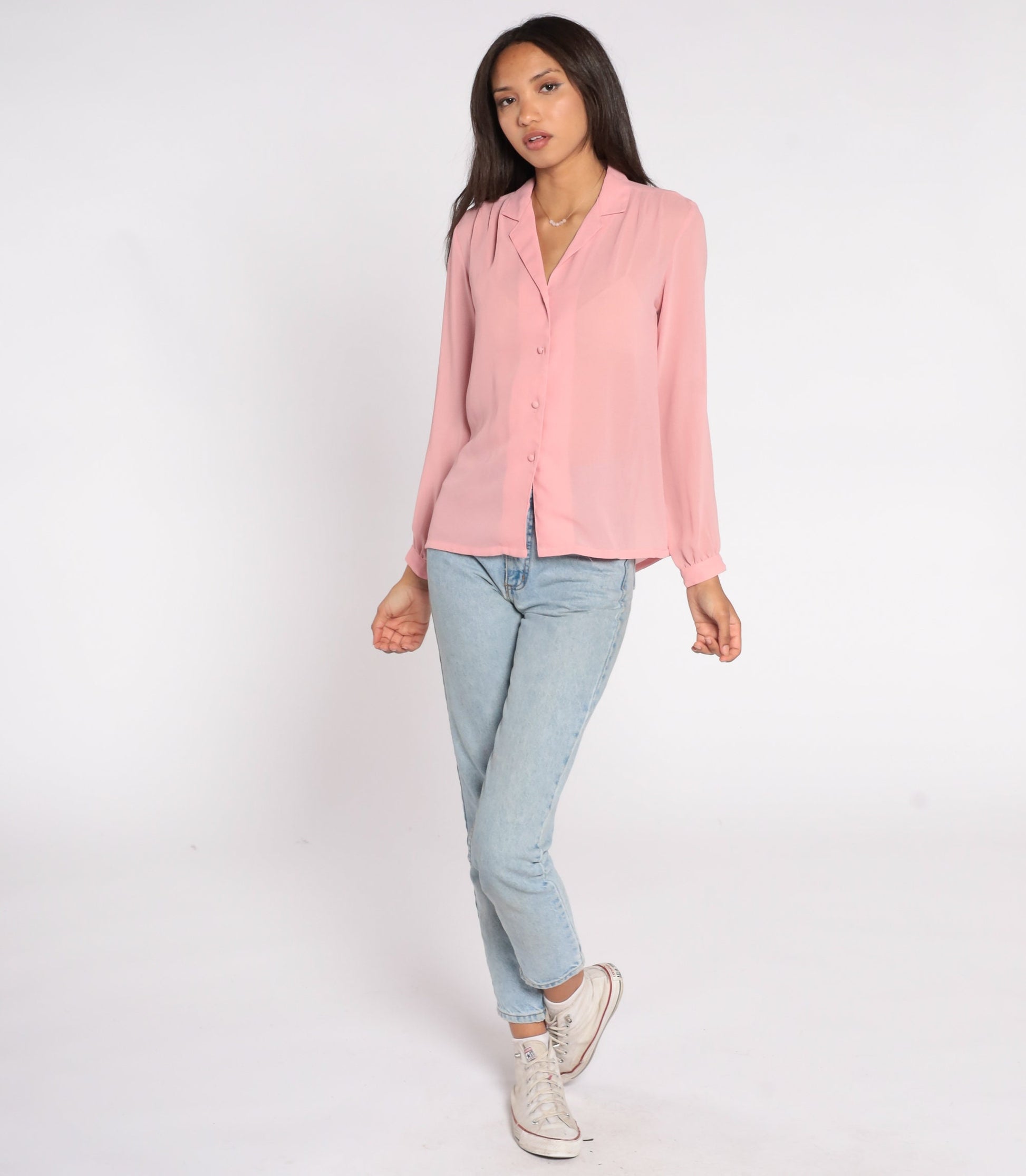 80s Pink Chiffon Blouse Long Sleeve Button Up Sheer Shirt Small