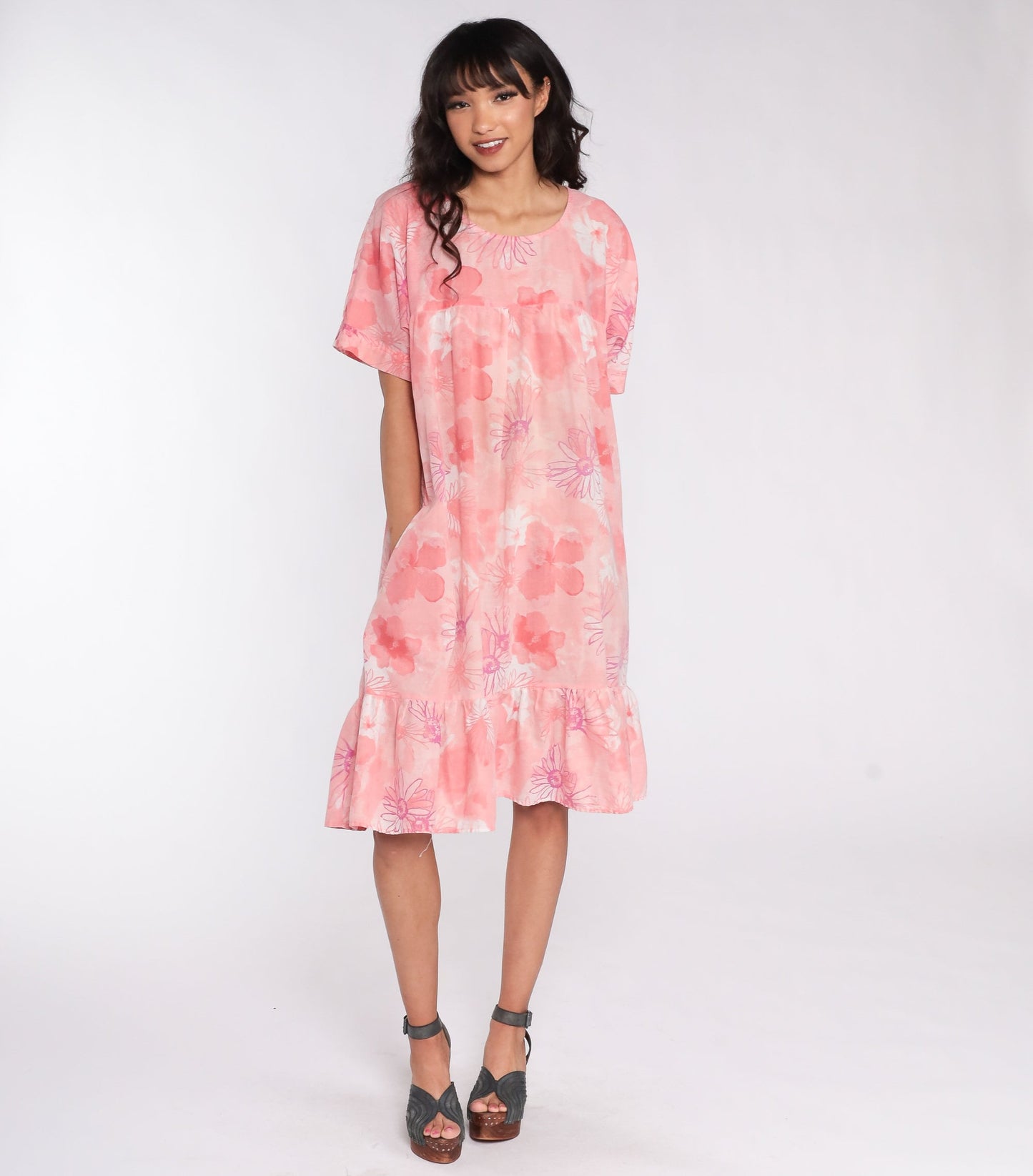 80s Floral Midi Dress Pink Tent Cut Short Sleeve Extra Large