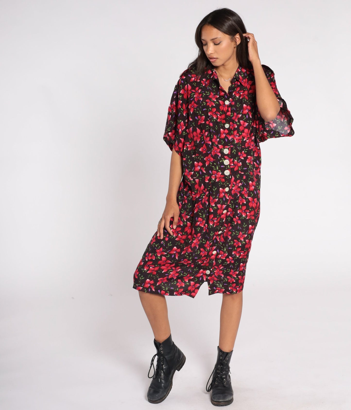 80s Floral Shirtdress Black Red Epaulette Midi Pleated Rayon Large L
