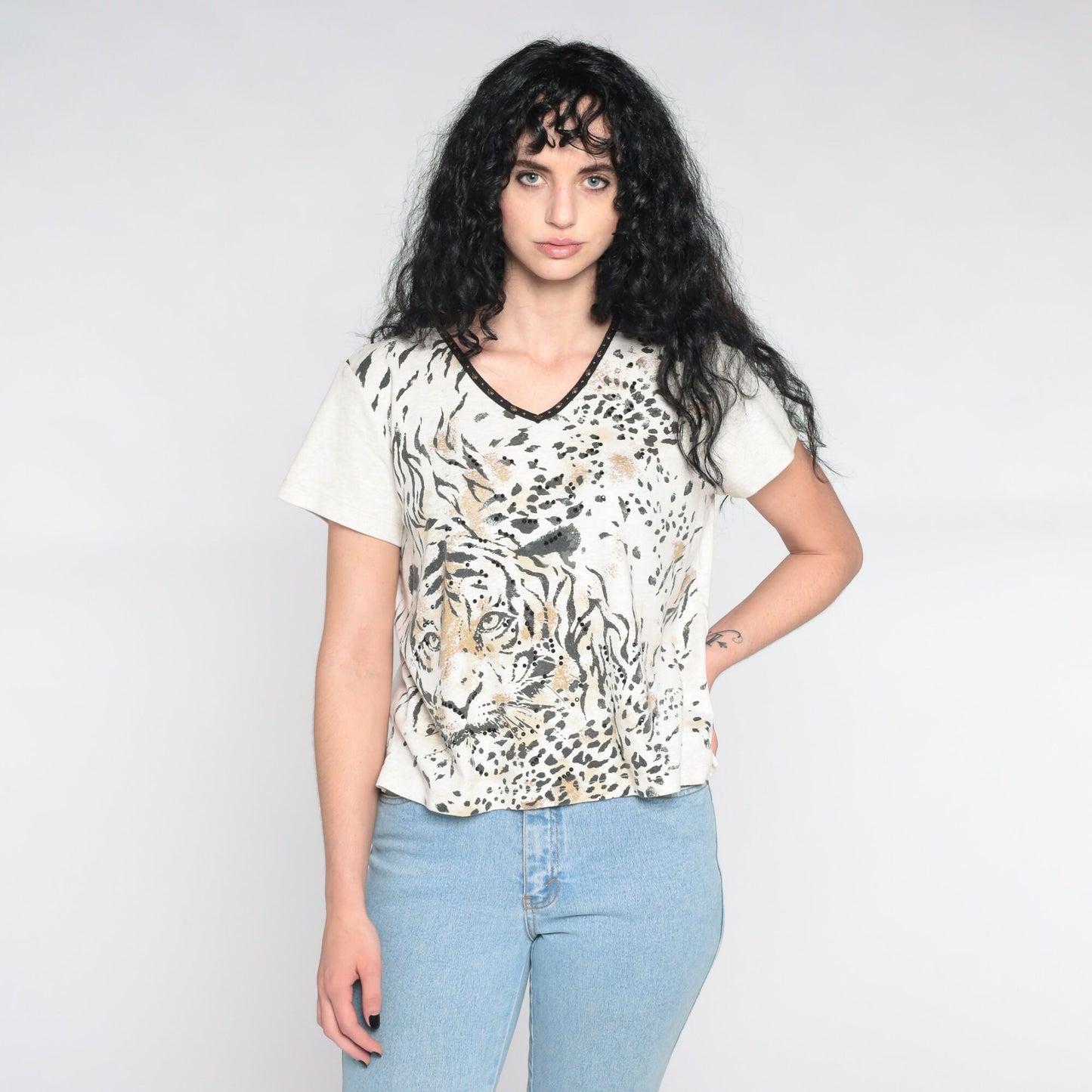 Y2K Tiger Face Studded Graphic T-Shirt Cream Beaded Animal Tee Large L