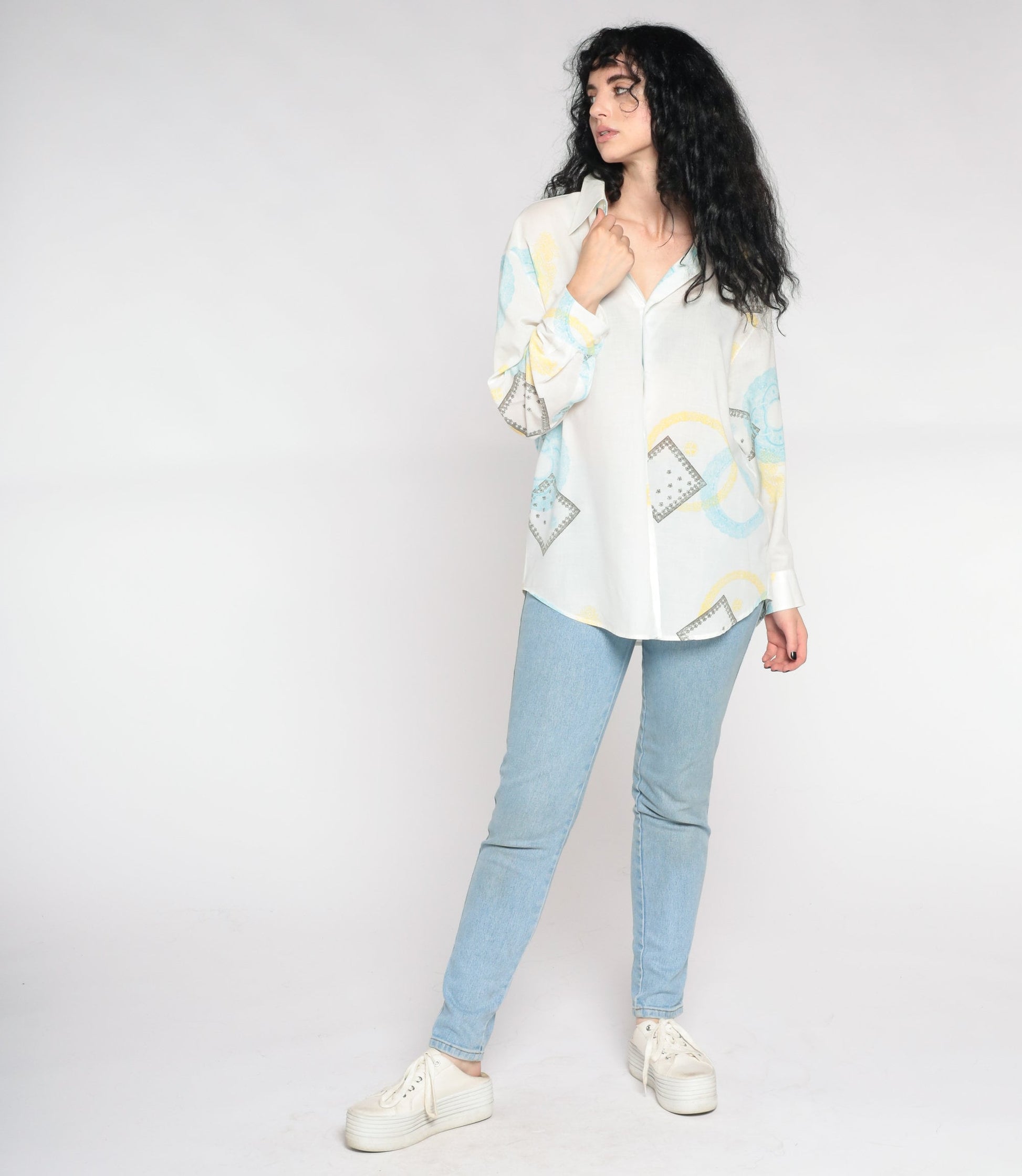 Y2K Geometric Button-Up Shirt White Pointed Collar 00s Long Sleeve Extra Large