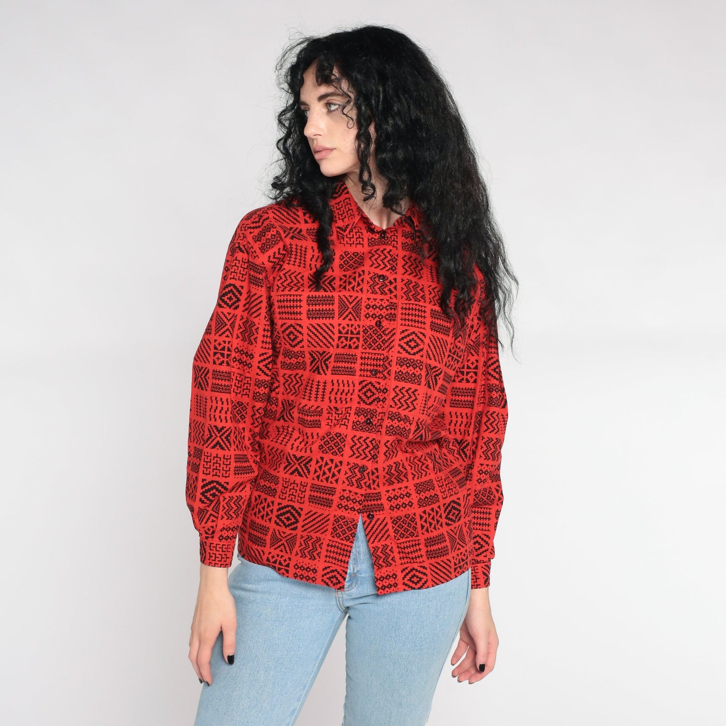 80s Liz Claiborne Geometric Button Up Shirt Red Southwestern Zig Zag Small