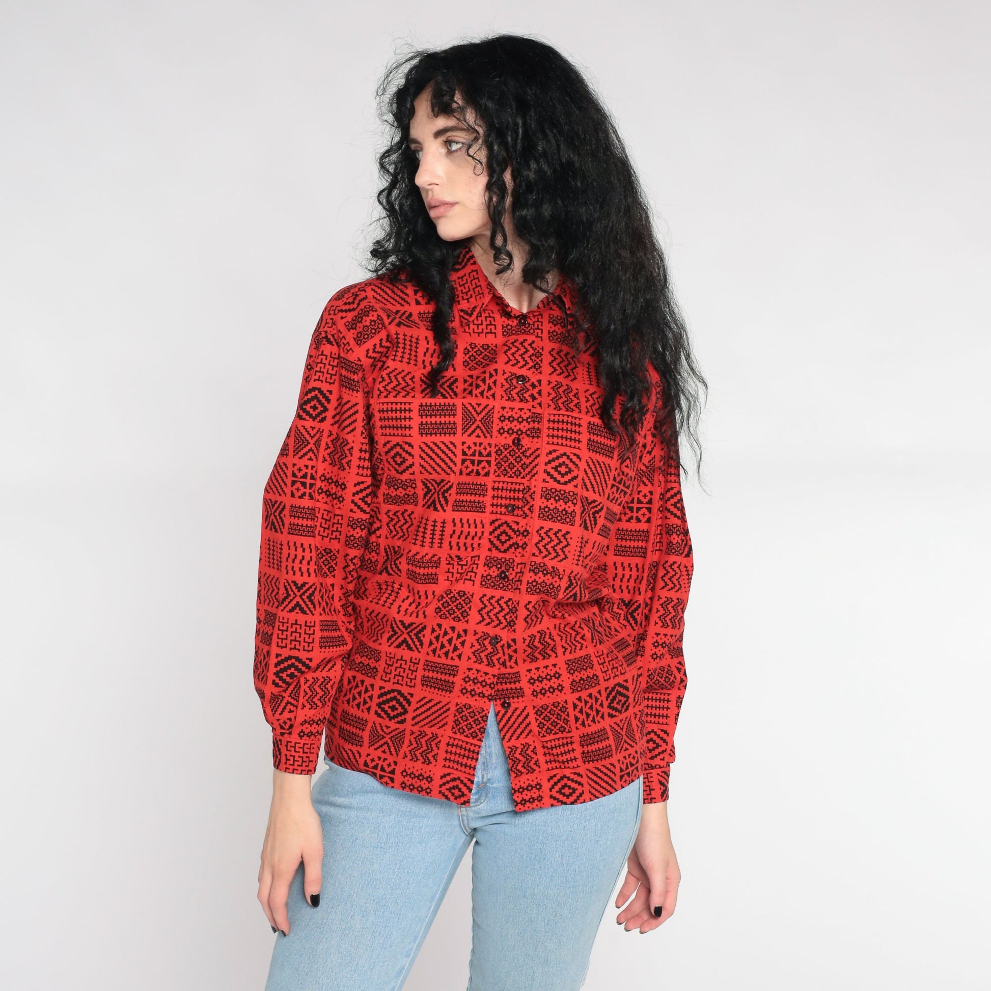 80s Liz Claiborne Geometric Button Up Shirt Red Southwestern Zig Zag Small
