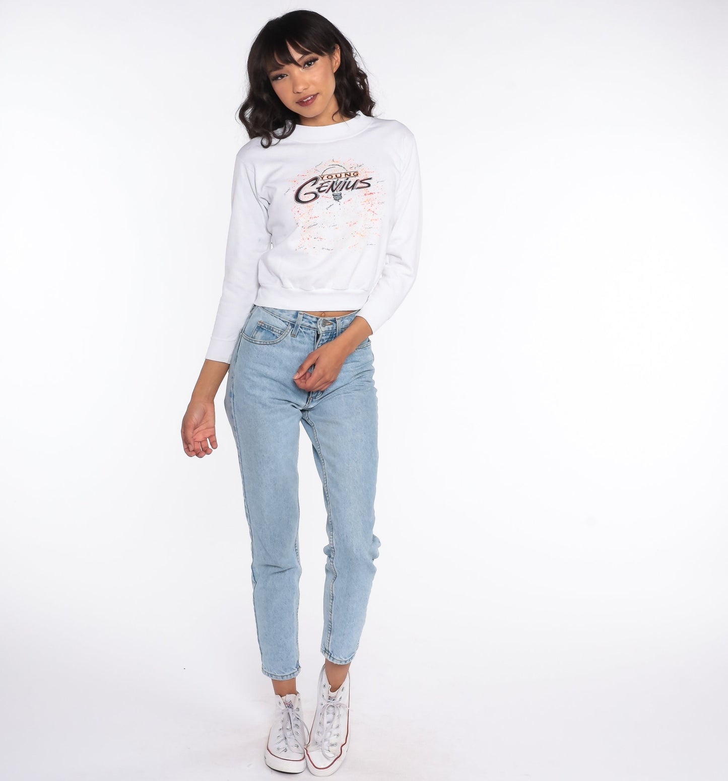 90s Young Genius Cropped Sweatshirt White Graphic Crewneck XXS