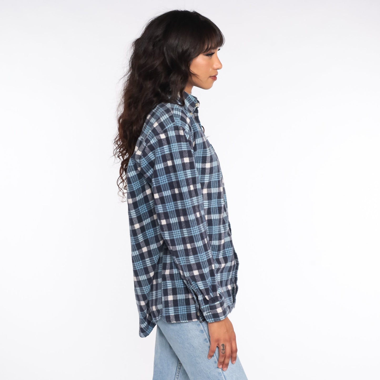 90s Blue Plaid Flannel Shirt Cotton Button-Up Long Sleeve Men's Medium