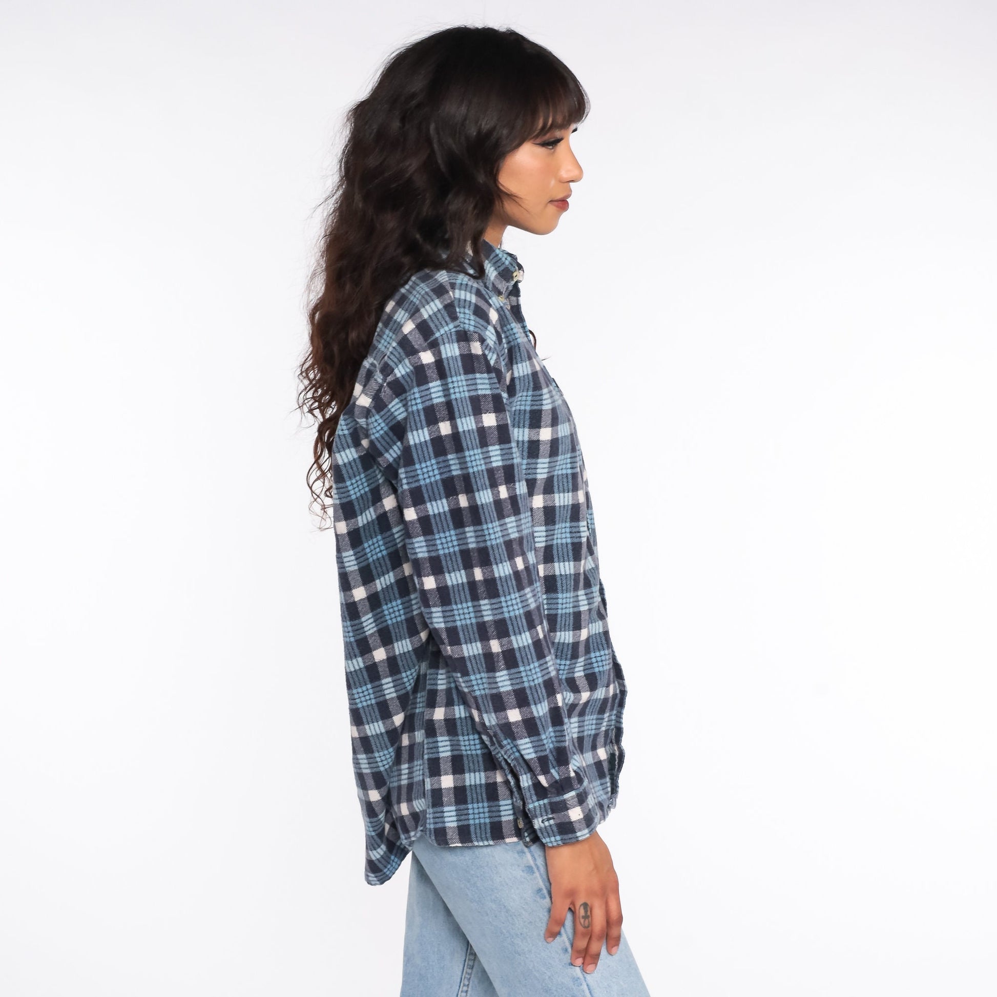 90s Blue Plaid Flannel Shirt Cotton Button-Up Long Sleeve Men's Medium