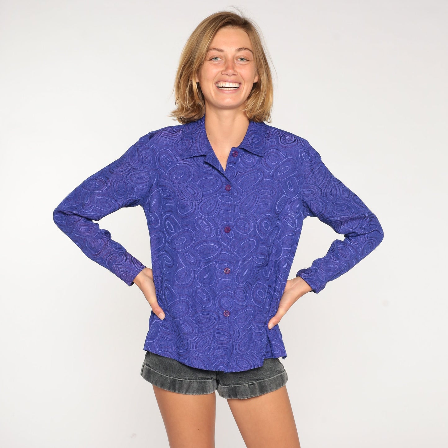 90s Purple Abstract Swirl Blouse Button Up Long Sleeve Collared Small