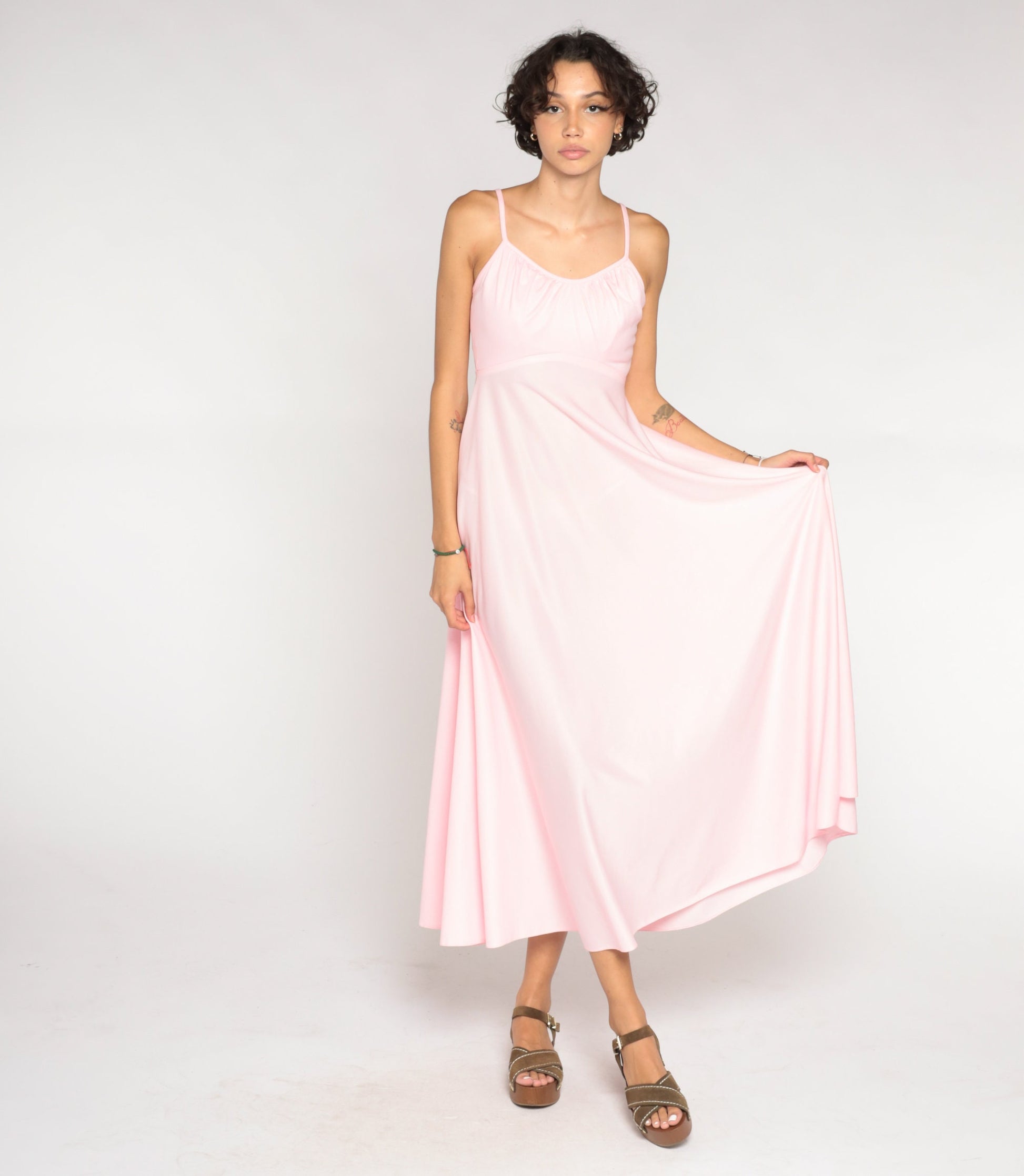 70s Baby Pink Empire Waist Maxi Dress Sleeveless Small S