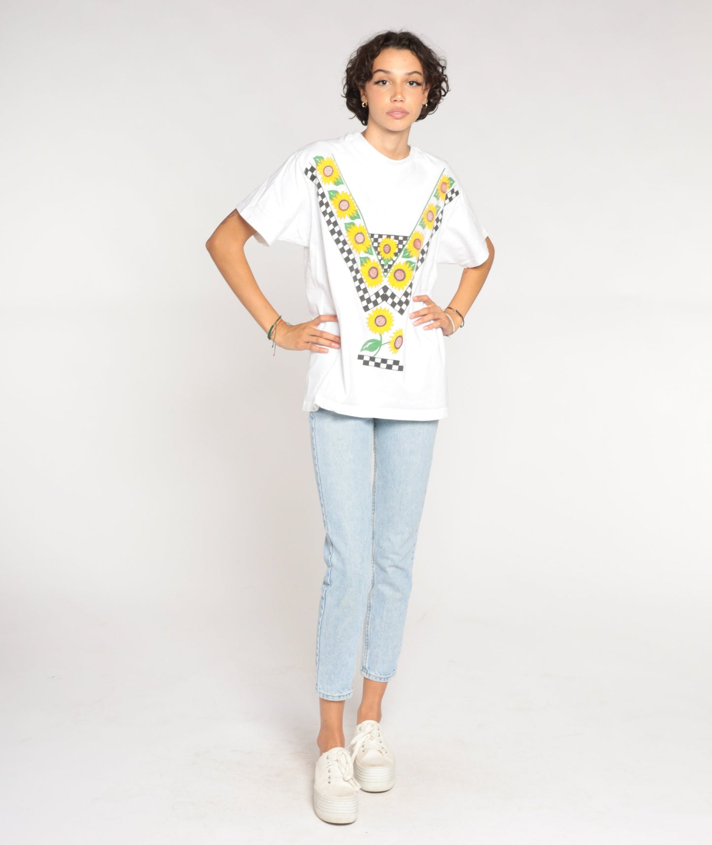 90s Sunflower Checkered Graphic T-Shirt White Cotton Single Stitch Large