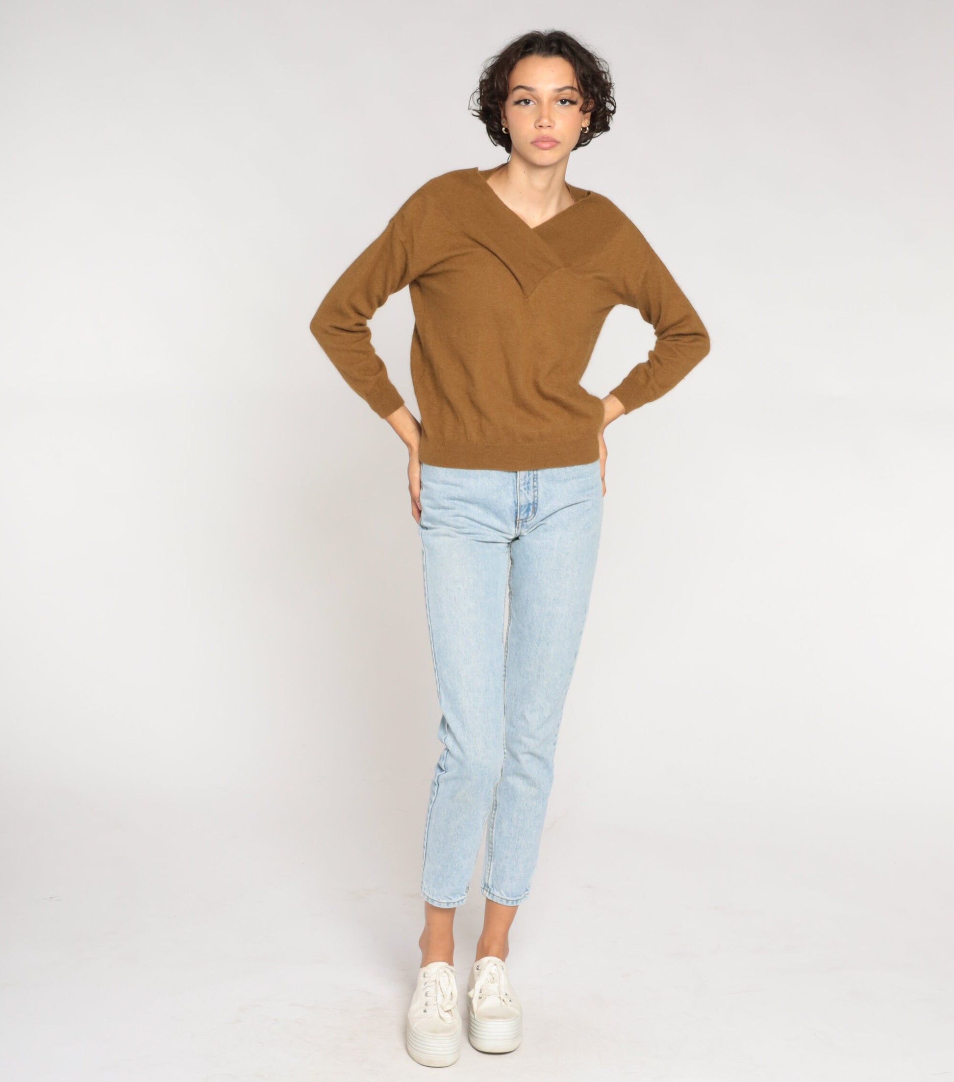 00s Brown Wool Sweater V-Neck Shawl Collar Pullover Small S