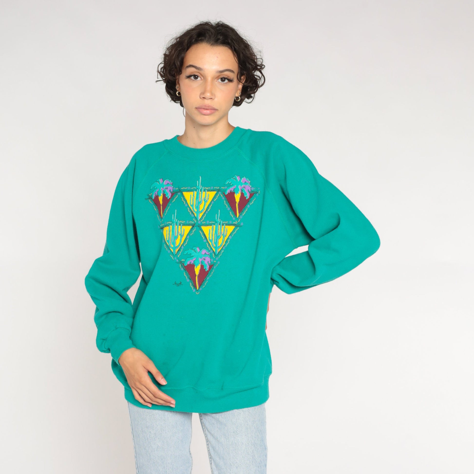 90s Desert Cactus Palm Tree Sweatshirt Green Raglan Graphic Large