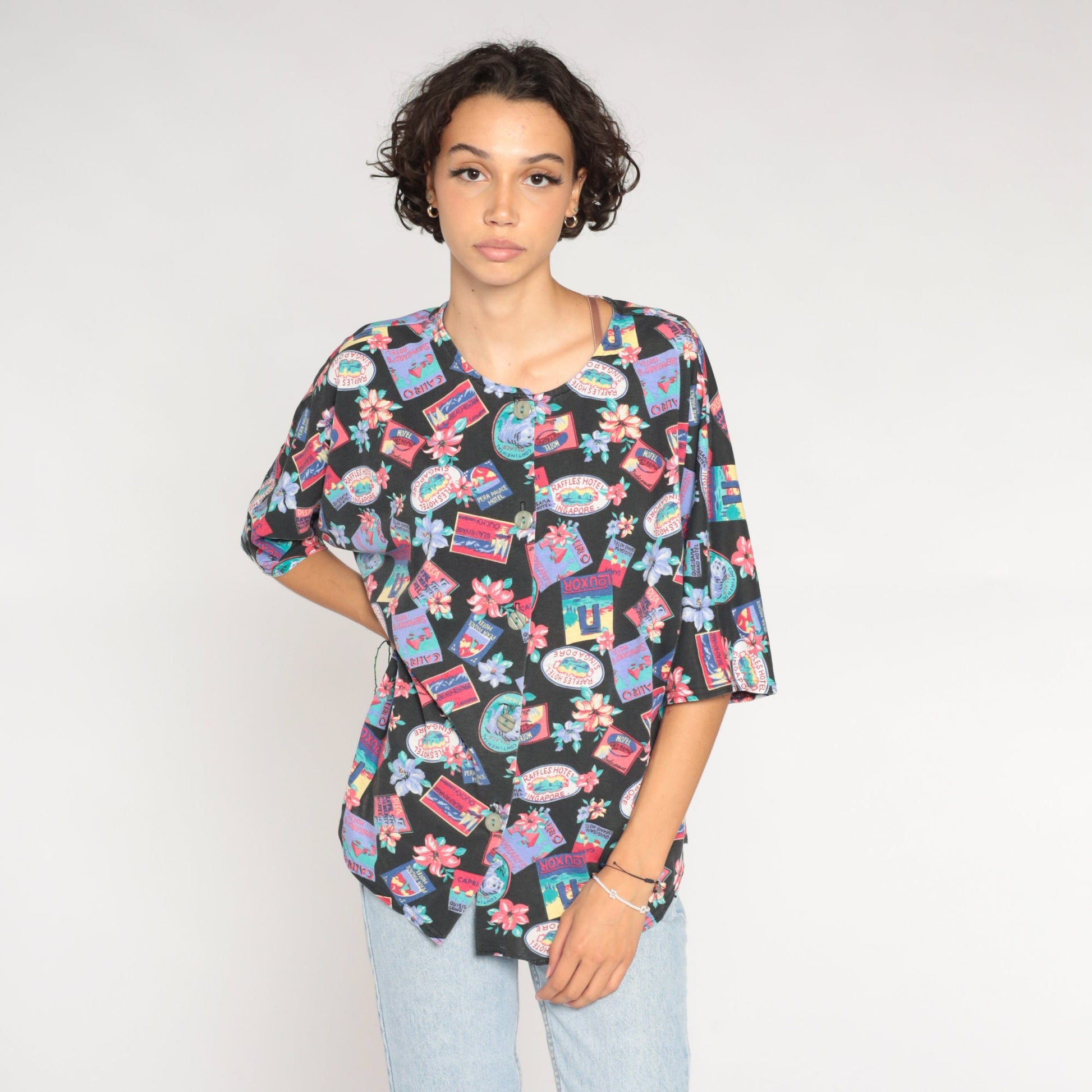 90s Tropical Travel Print Button-Up Shirt Black Graphic Blouse Extra Large