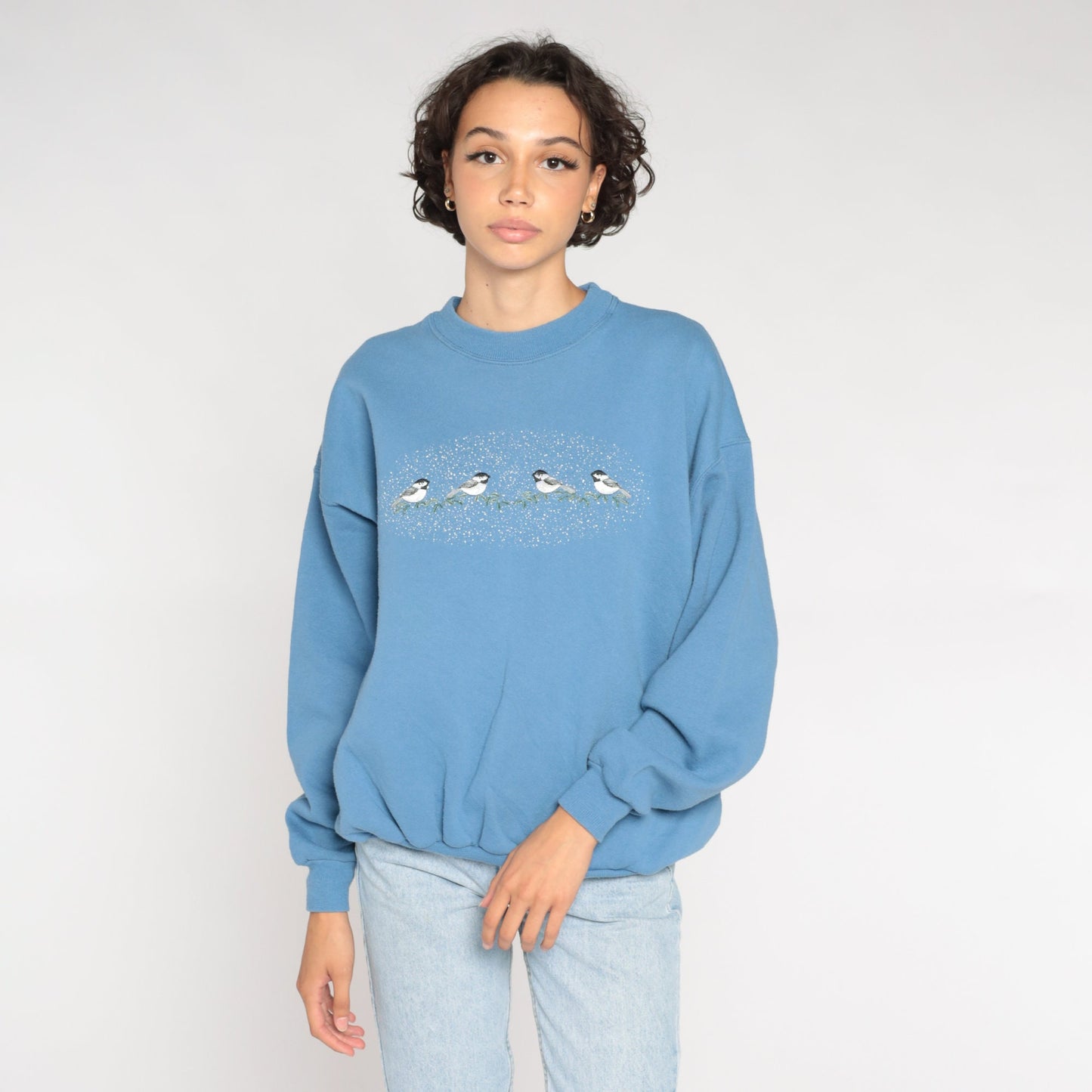 90s Bird Graphic Sweatshirt Blue Embroidered Crewneck Large