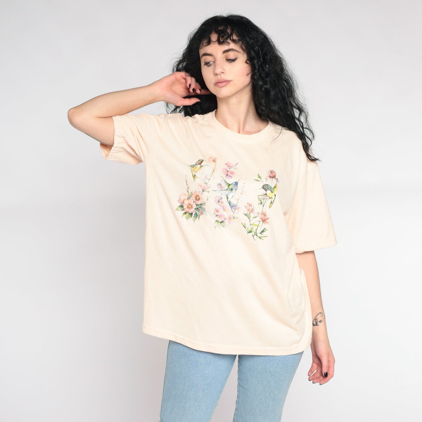 90s Hummingbird Glitter Graphic T-Shirt Floral Beige Extra Large XL