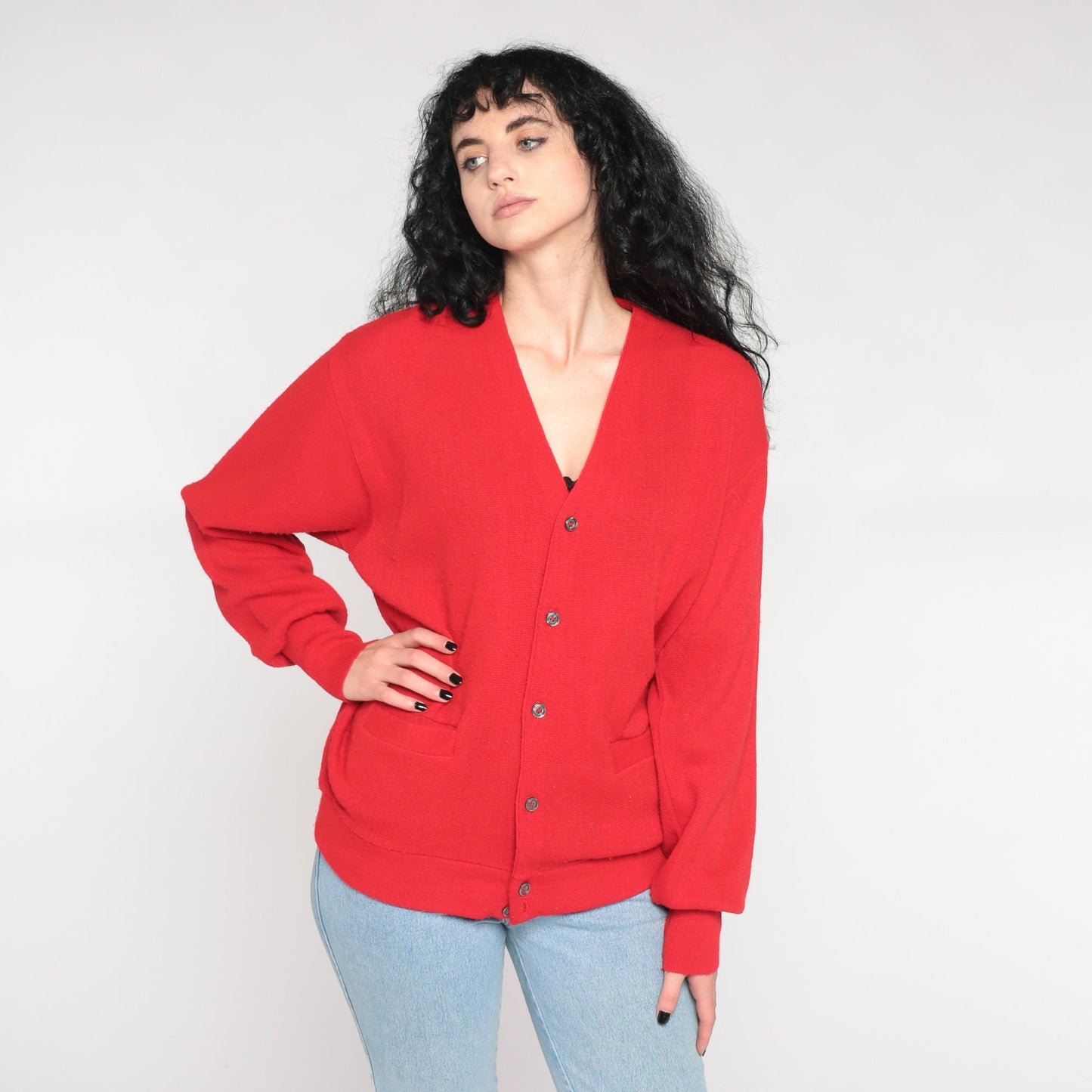 80s Red Knit Cardigan V-Neck Button-Up Sweater Large L