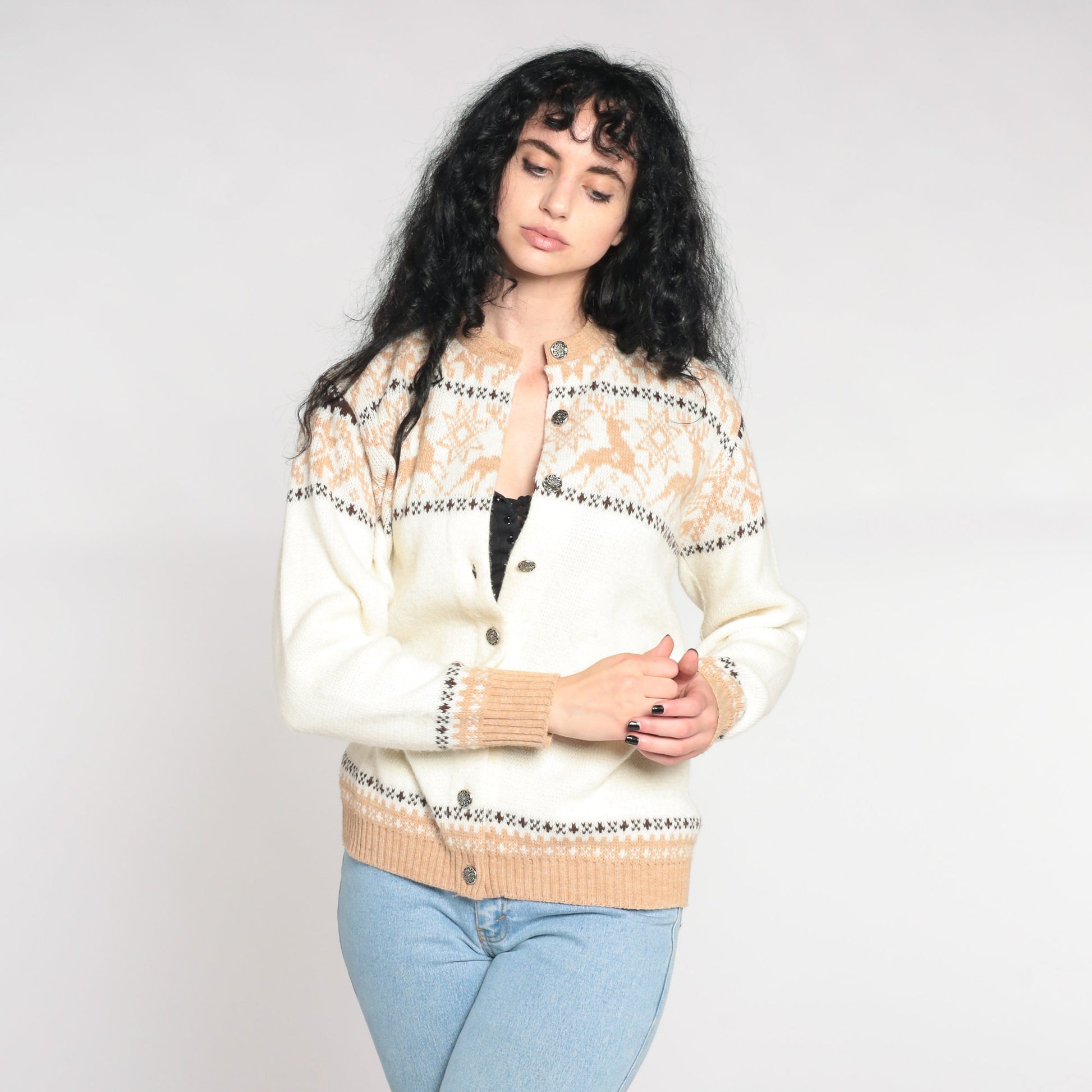 70s White Reindeer Fair Isle Cardigan Sweater Nordic Snowflake Button-Up Medium