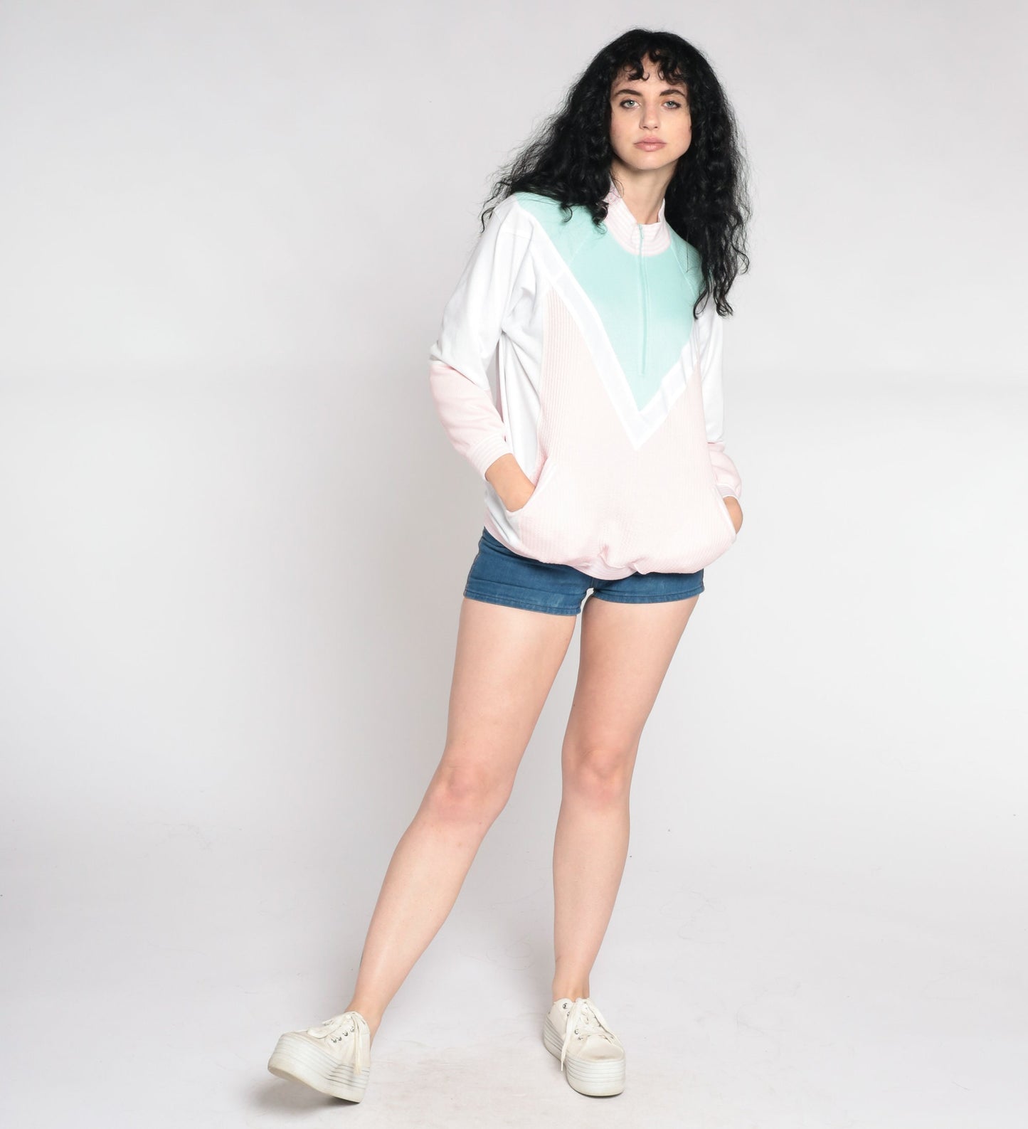 80s Colour Block Quarter Zip Sweatshirt Mock Neck Pink Mint Medium