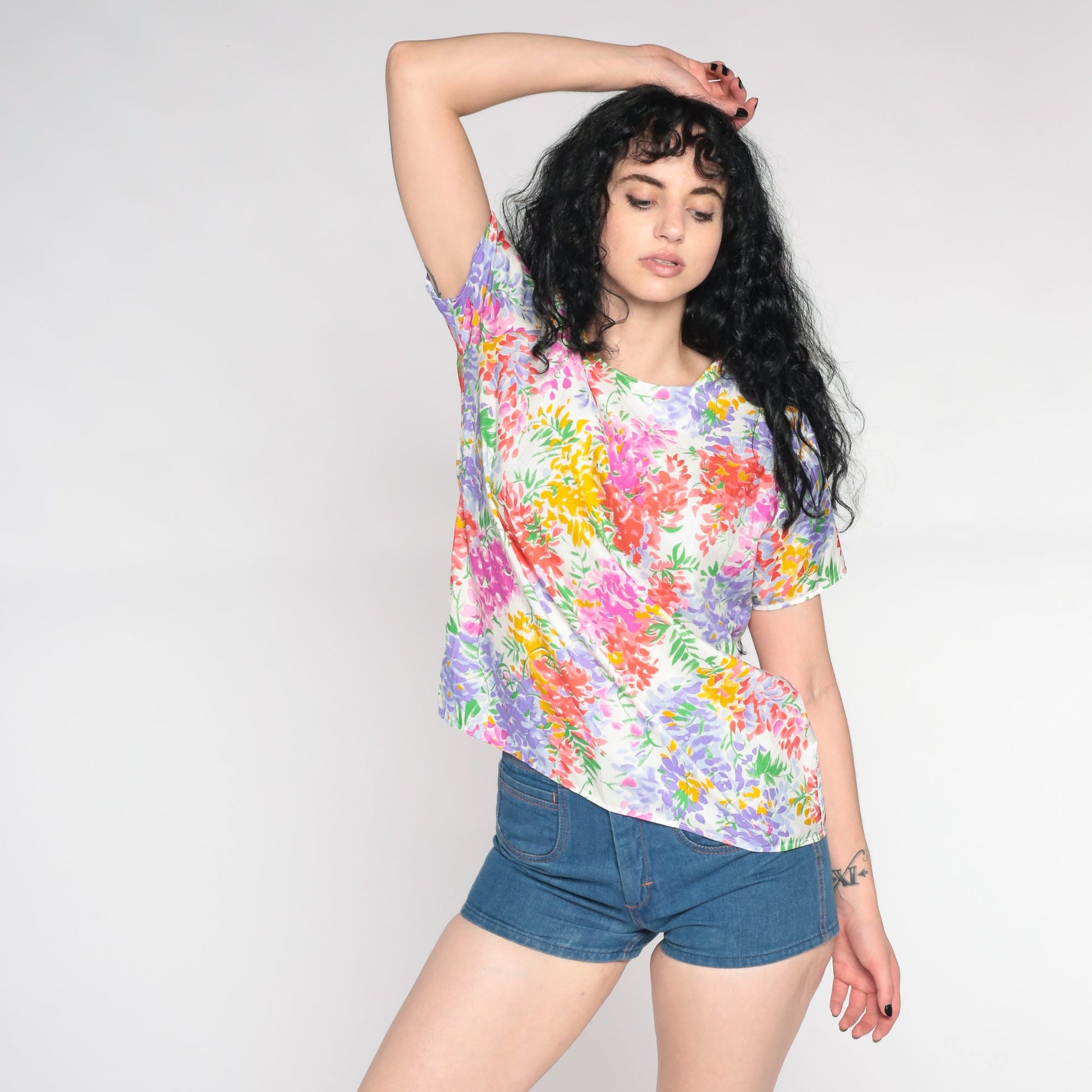 90s White Floral Pullover Blouse Short Sleeve Botanical Print Large L