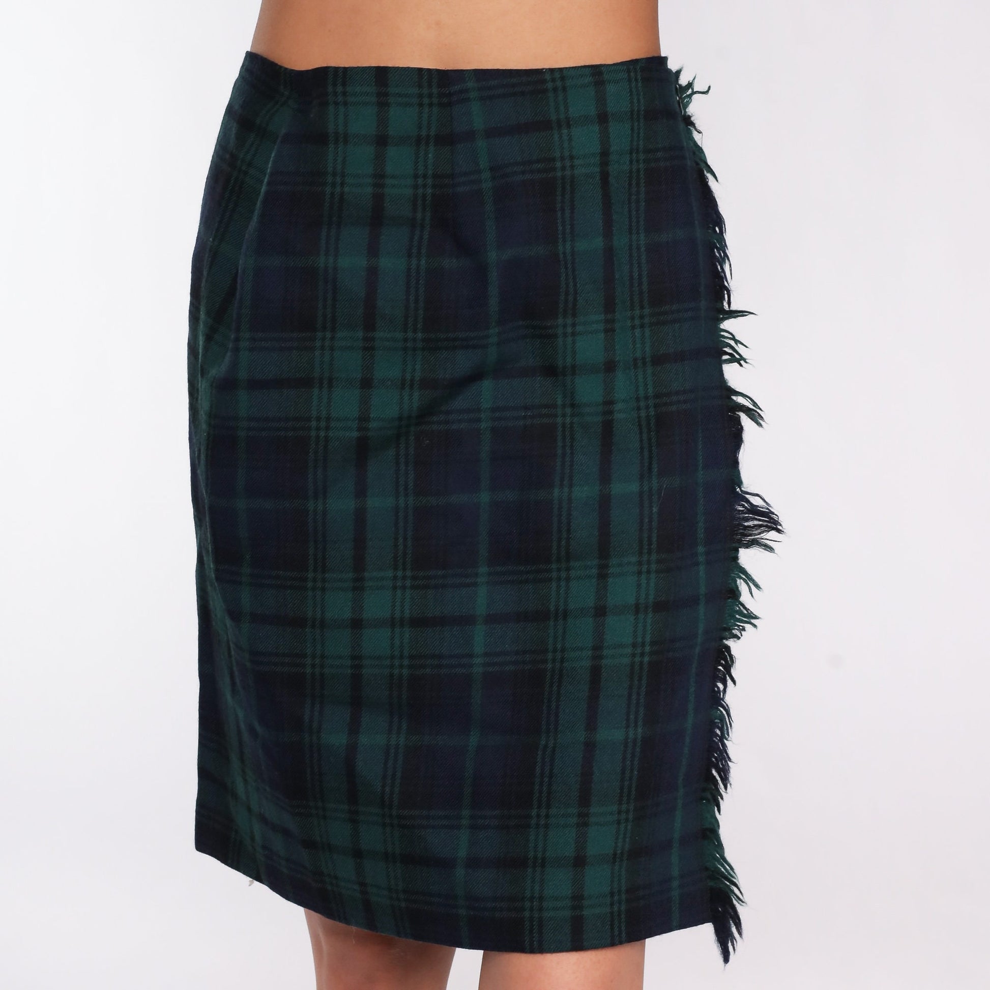90s Wool Plaid Mini Pencil Skirt Navy Green High Waist Small 6