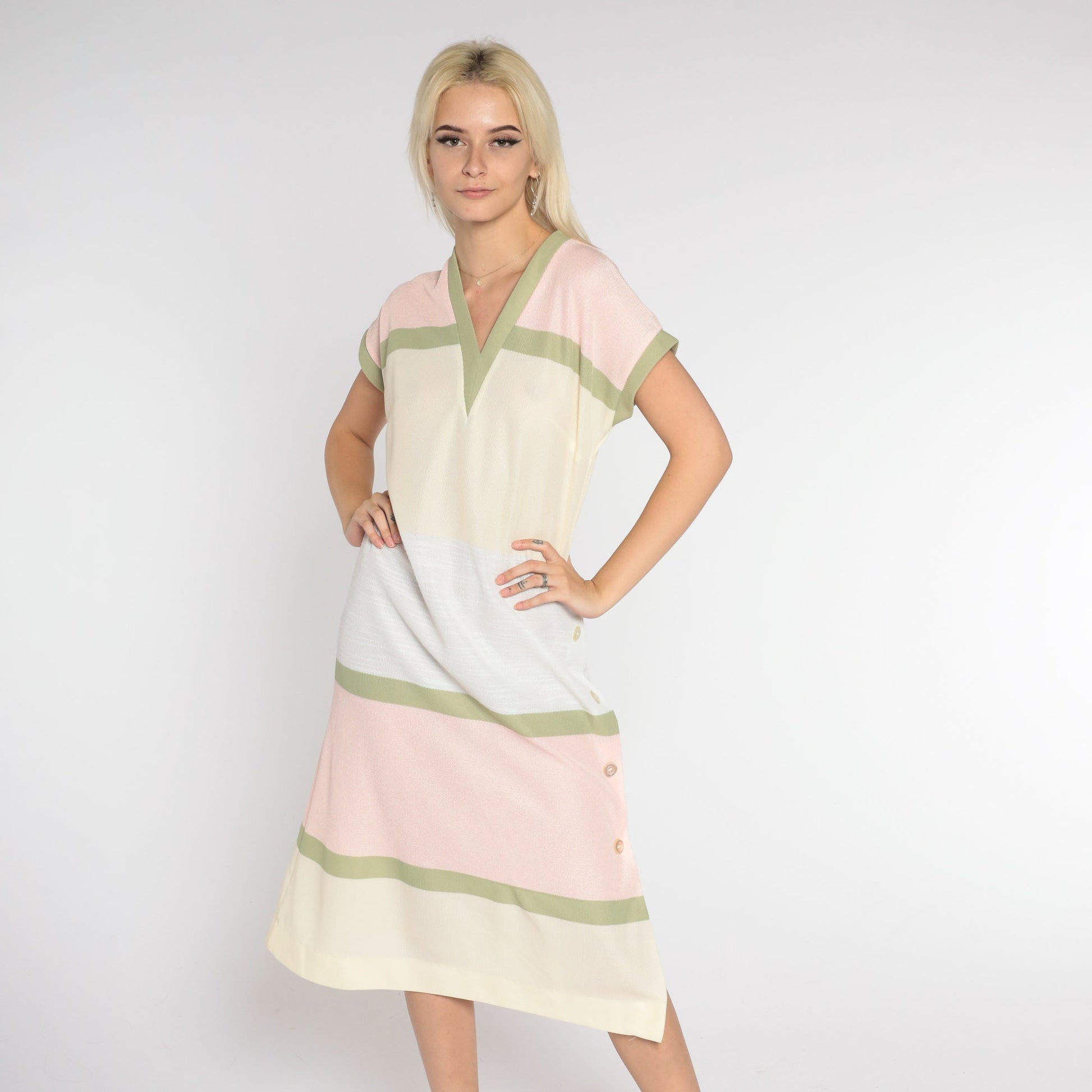 70s Striped Shift Midi Dress Cream Pink Green Grey V Neck Medium