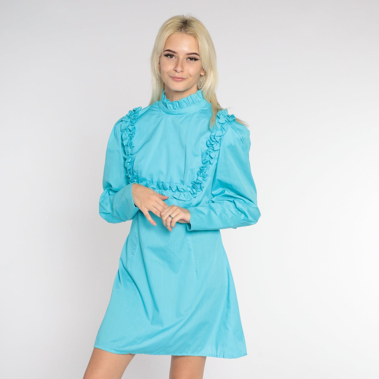 70s Blue Babydoll Mini Dress Empire Waist High Neck Puff Sleeve Small Medium