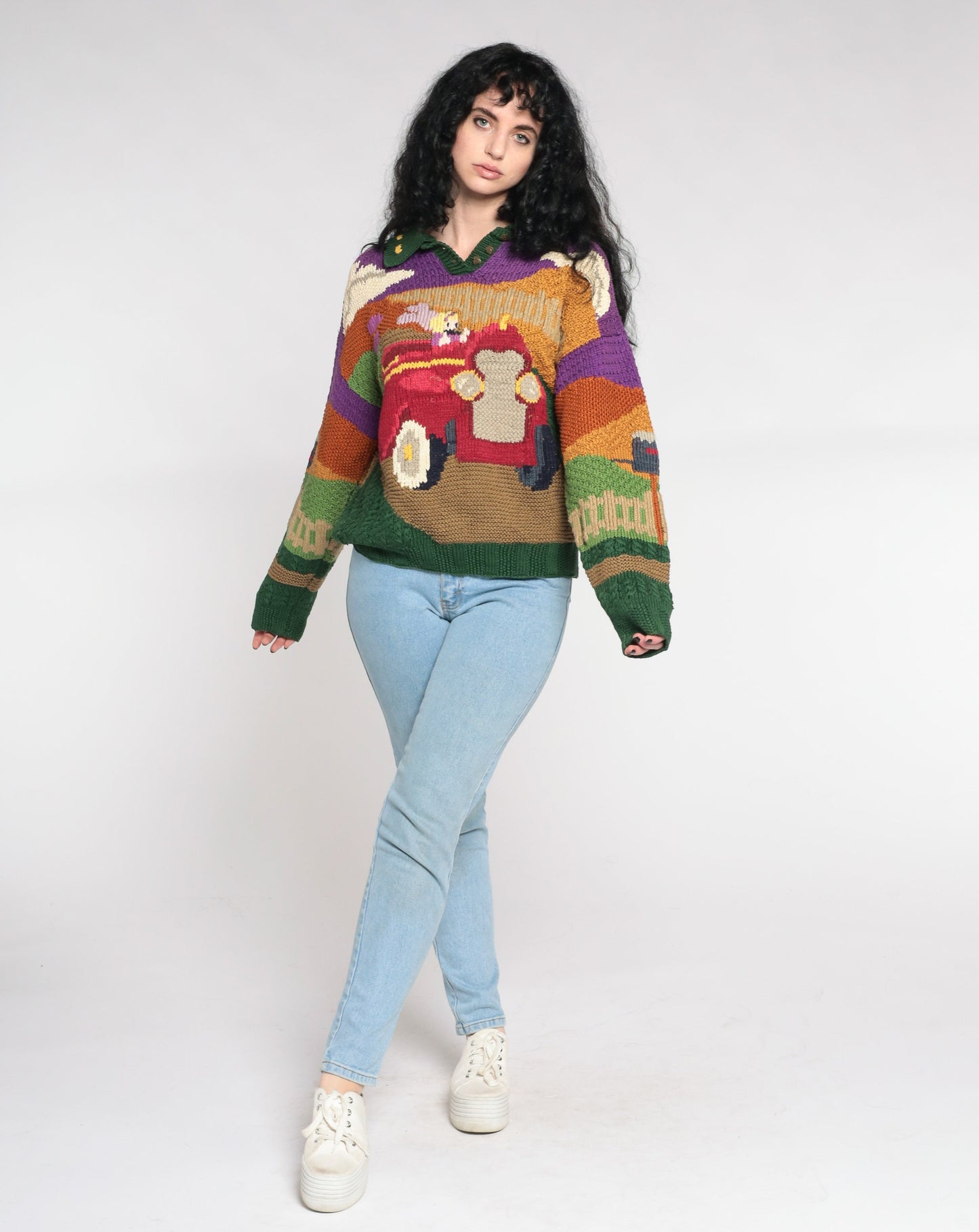 90s Princess Car Jacquard Knit Sweater Cotton Pullover Large L