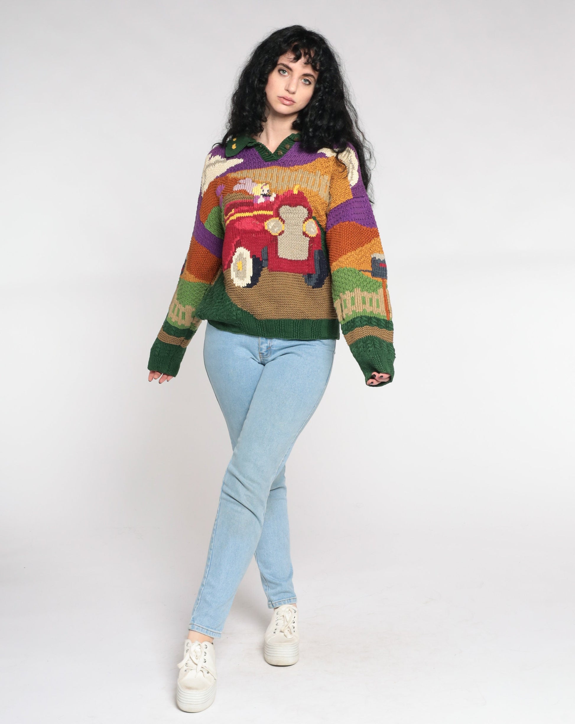 90s Princess Car Jacquard Knit Sweater Cotton Pullover Large L