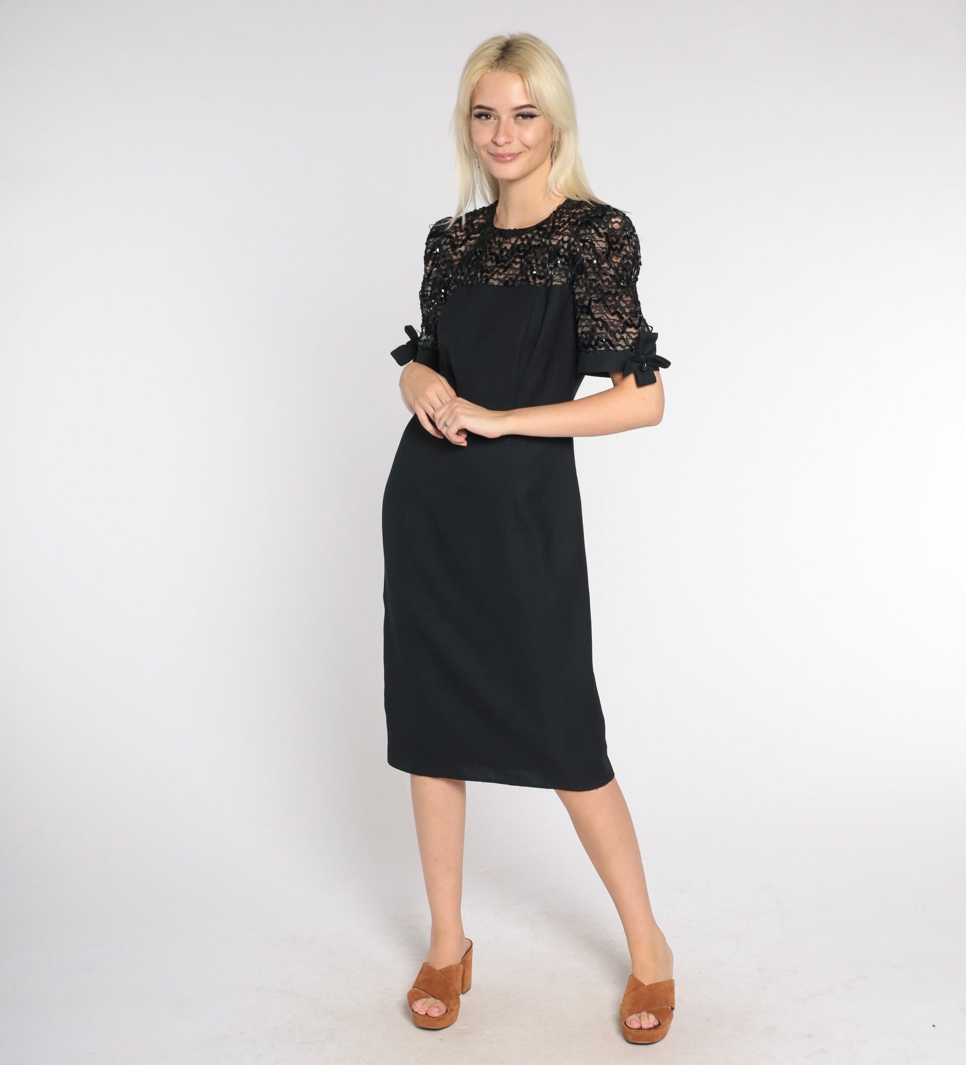 80s Black Sequin Lace Pencil Dress Knee Length Short Sleeve Small