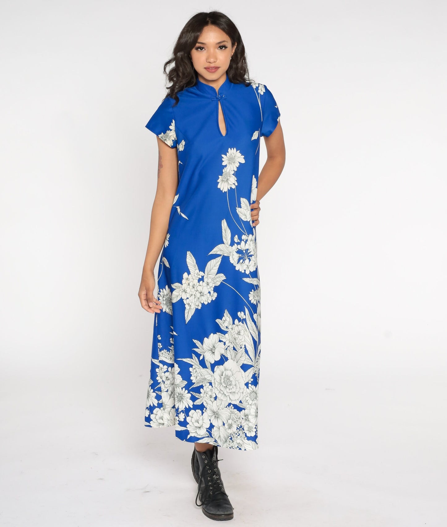 70s Blue Floral Maxi Dress Cap Sleeve Mandarin Collar Keyhole Medium