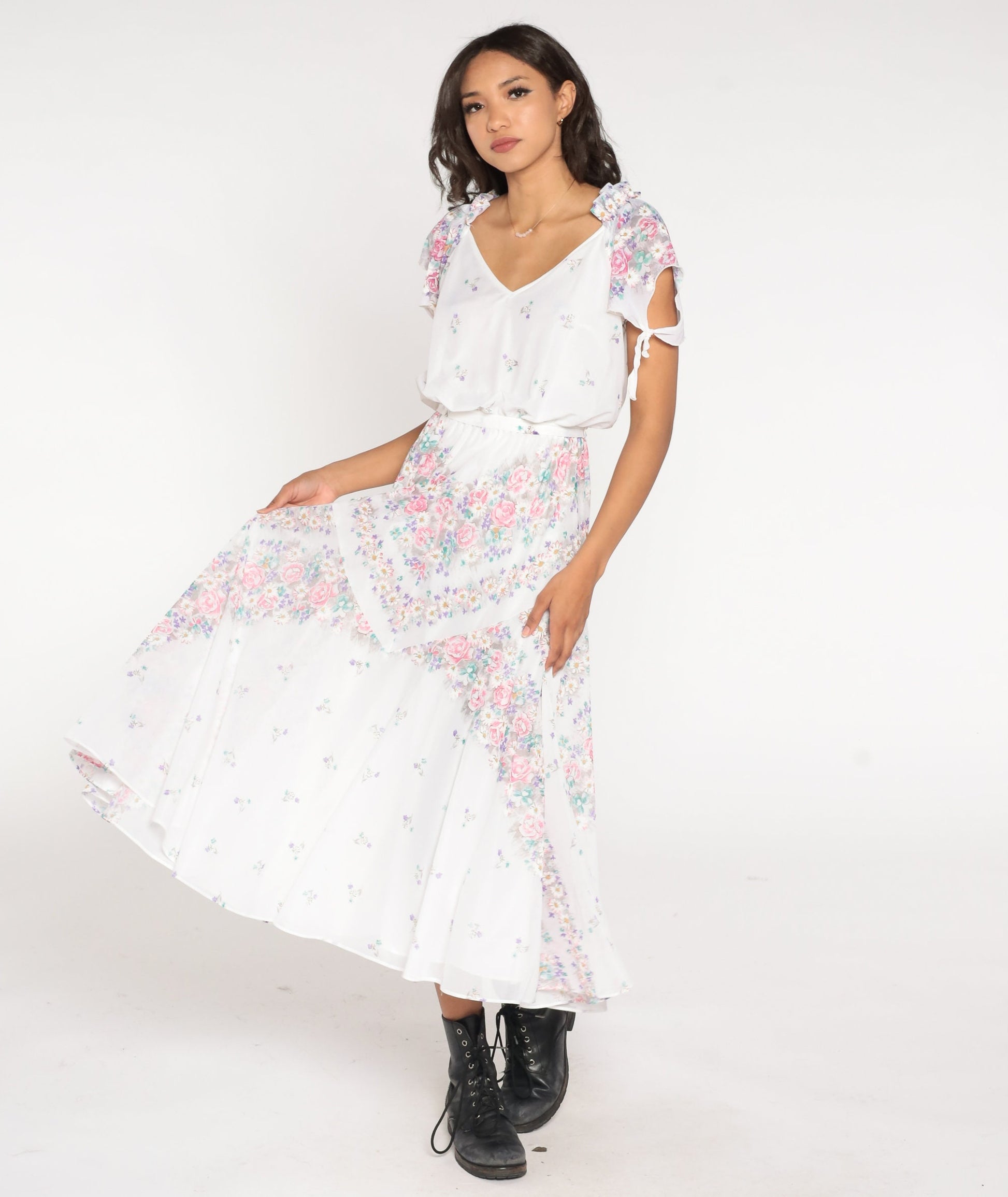 70s Floral Midi Dress White Print Flutter Sleeve Tie Waist Small Medium