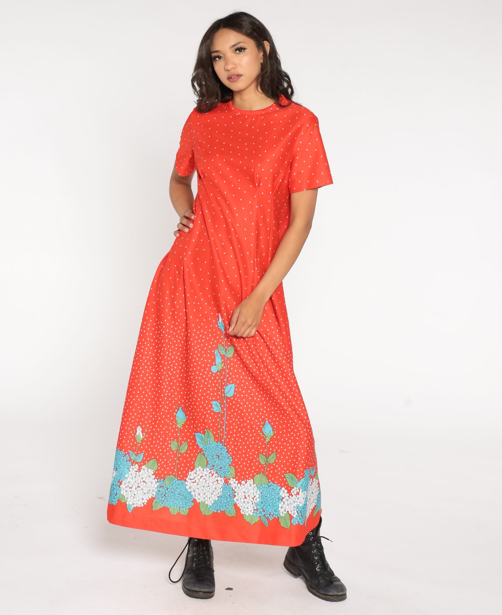 70s Red Floral Hydrangea Dot Print Maxi Dress Jacket Two Piece Set Large L