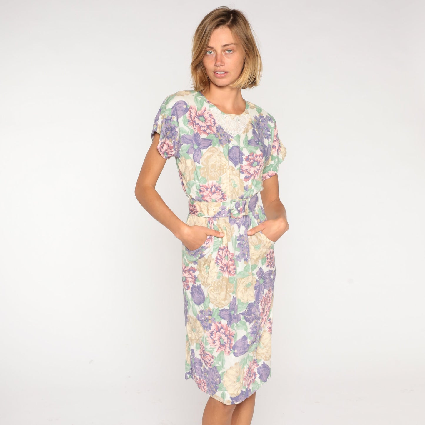 80s Floral Midi Dress White Lace Appliqué Belted Pencil Short Sleeve Small S