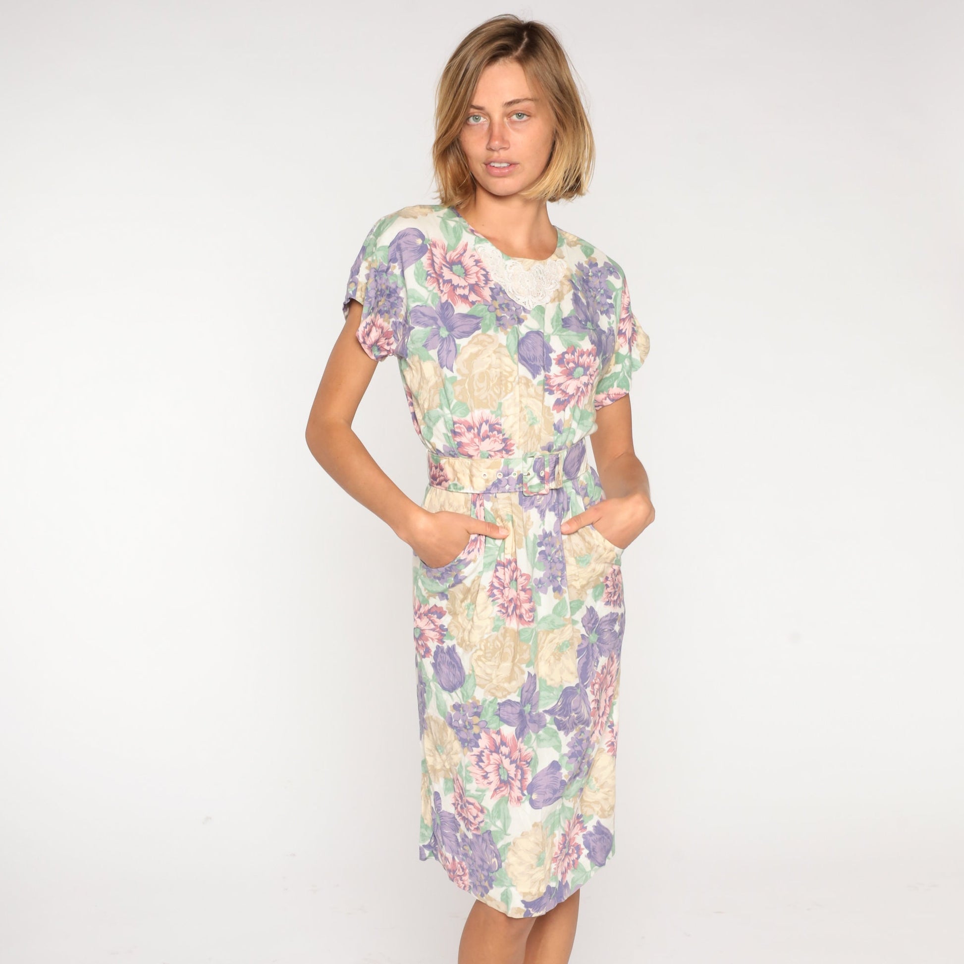80s Floral Midi Dress White Lace Appliqué Belted Pencil Short Sleeve Small S