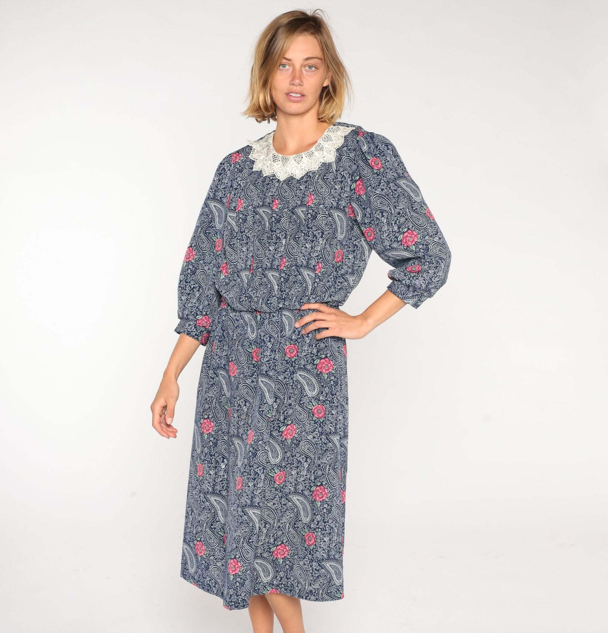 80s Navy Floral Paisley Midi Dress Lace Collar Puff Sleeve High Waist Medium