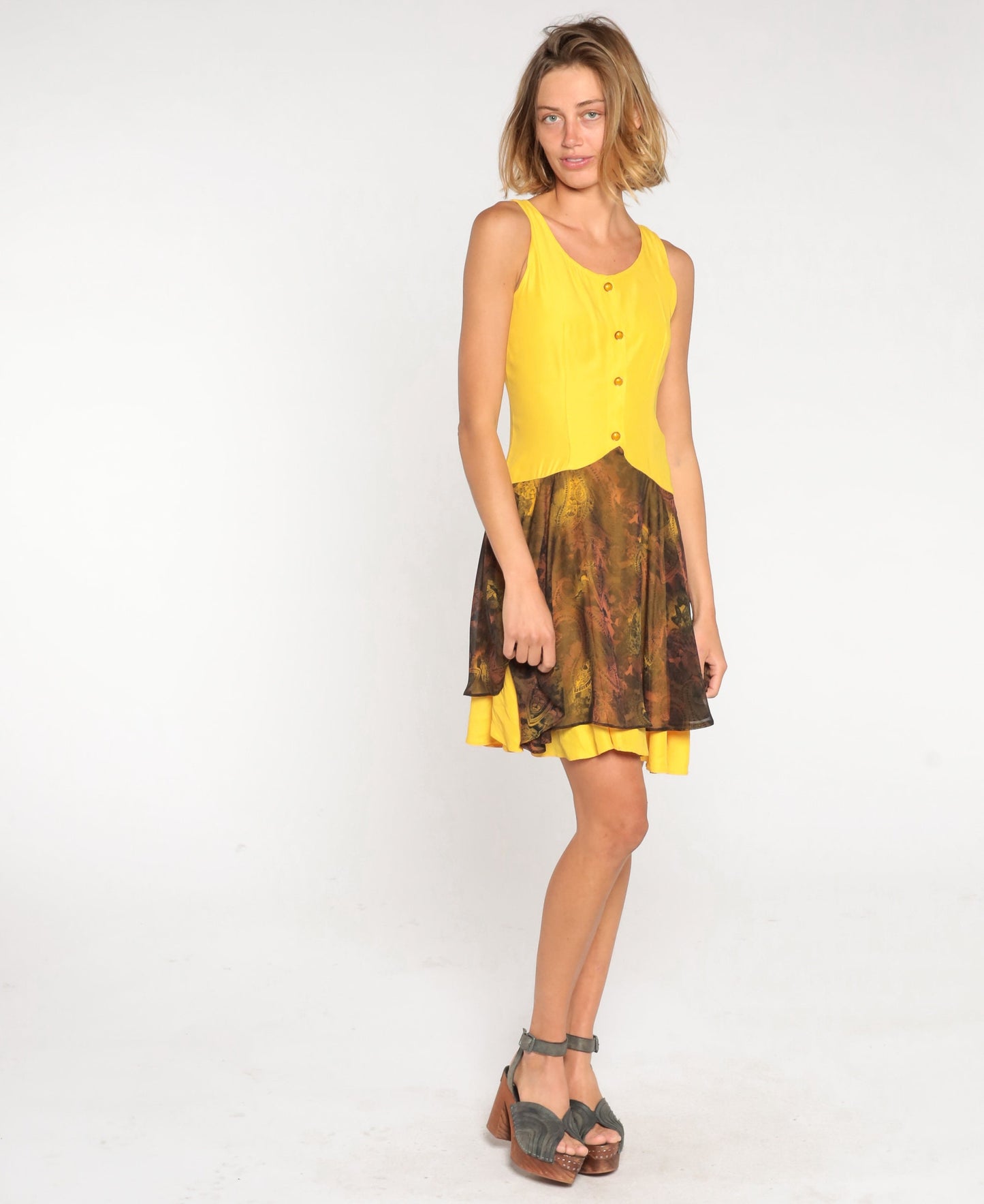 90s Yellow Paisley Mini Dress Sleeveless Button-Up Flowy Layered Extra Small