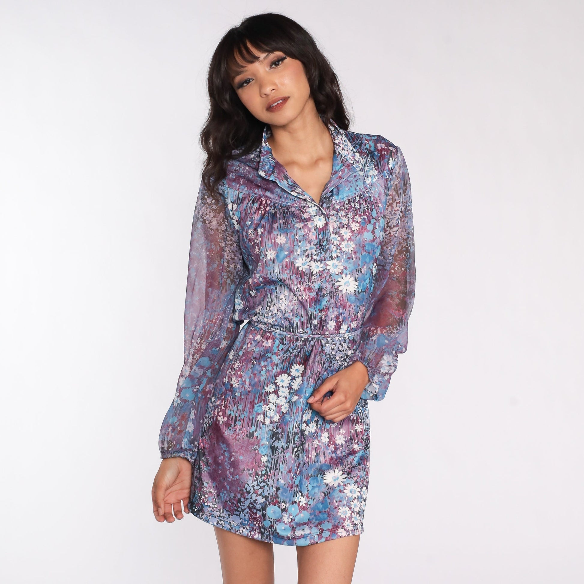 70s Floral Mini Dress Purple Blue Button-Up High Waist Long Sheer Sleeve Large